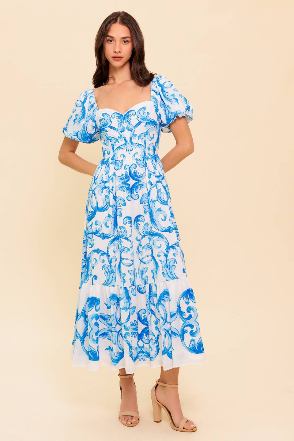 A Work of Art Midi Dress - White Blue Floral Sweetheart Dress | Derby & Weddings Floral Cow Flower Farm A Work of Art Midi Dress - White Blue Floral Sweetheart Dress | Derby & Weddings Floral Cow Flower Farm