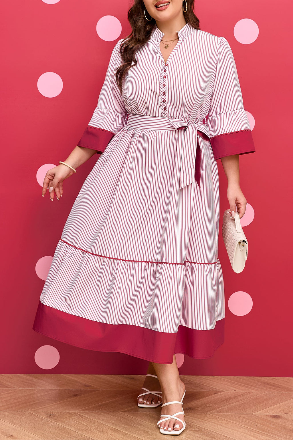 Plus Size Pinstripe Midi Dress with Ruffle Hem & Tie Belt