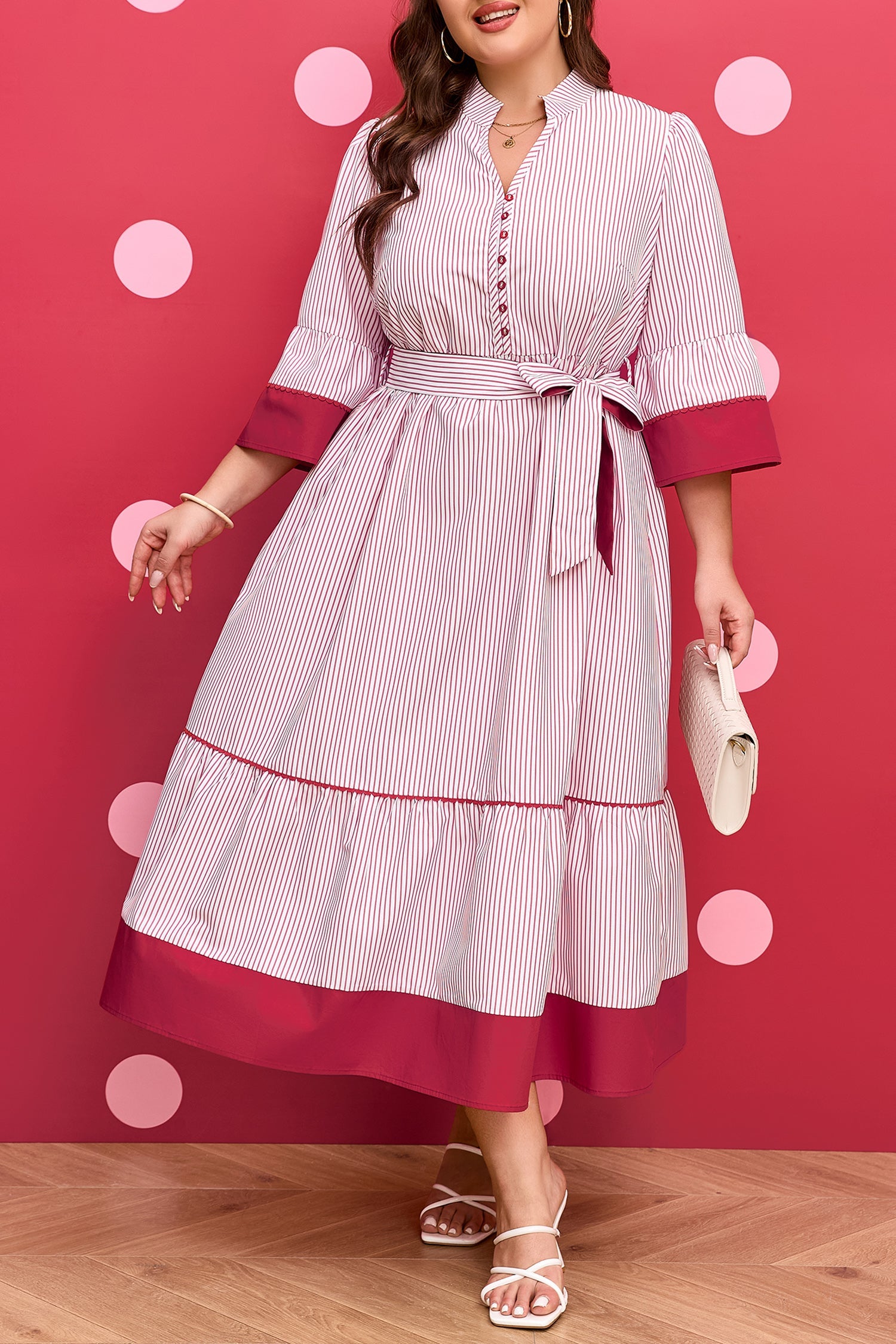 Plus Size Pinstripe Midi Dress with Ruffle Hem & Tie Belt