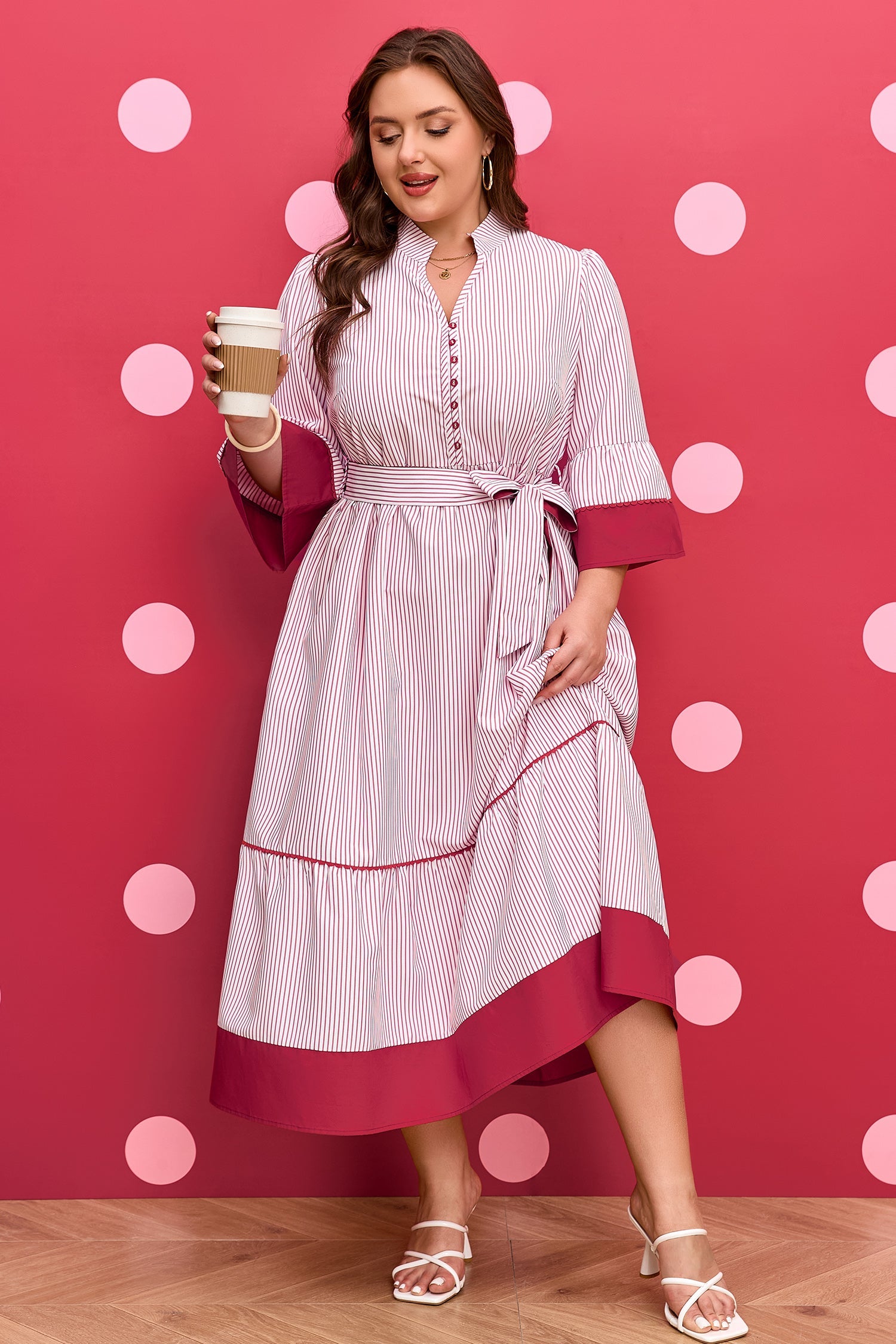 Plus Size Pinstripe Midi Dress with Ruffle Hem & Tie Belt