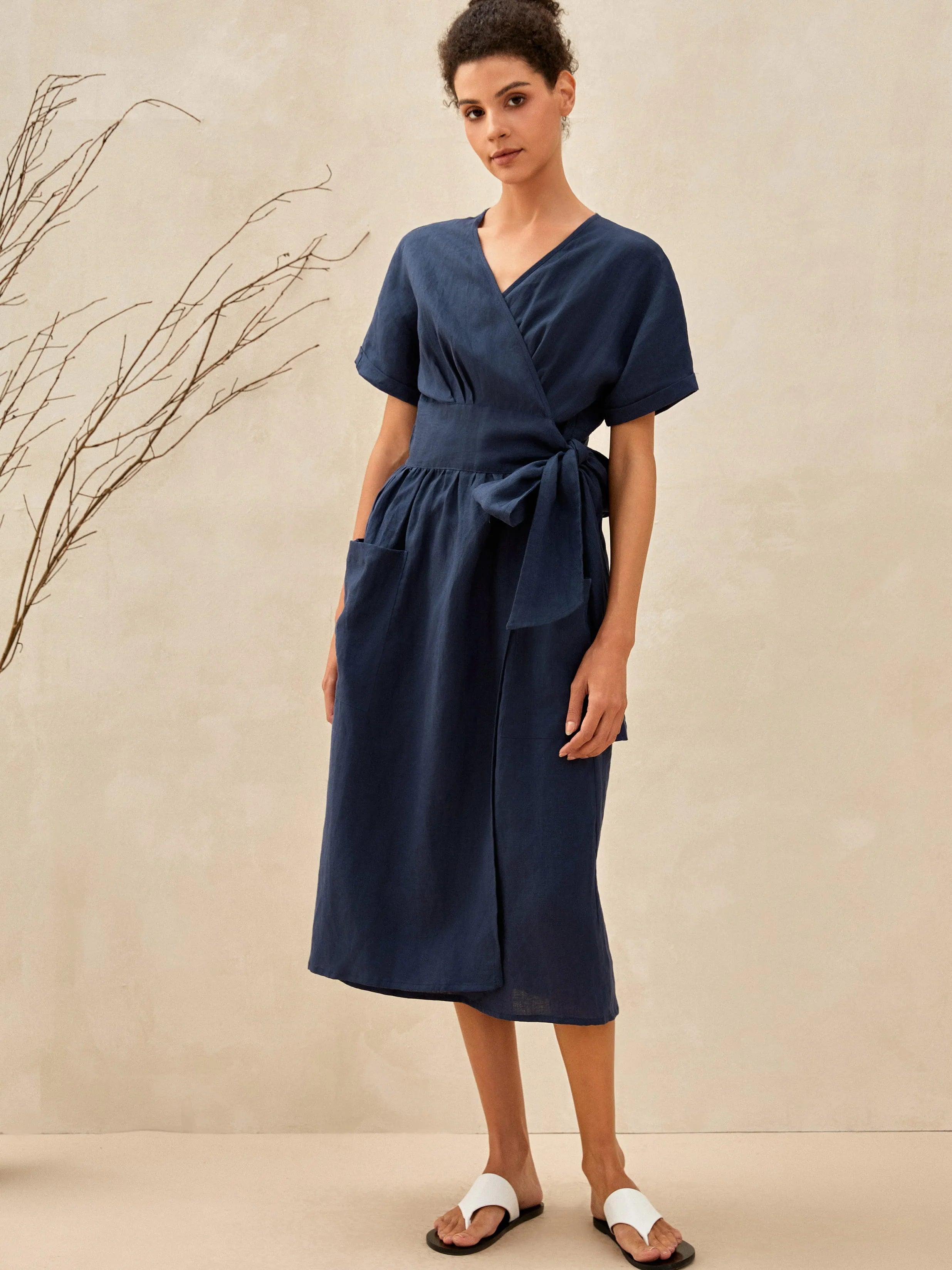 CELESTE 100% Linen Kimono Wrap Dress with Patch Pockets