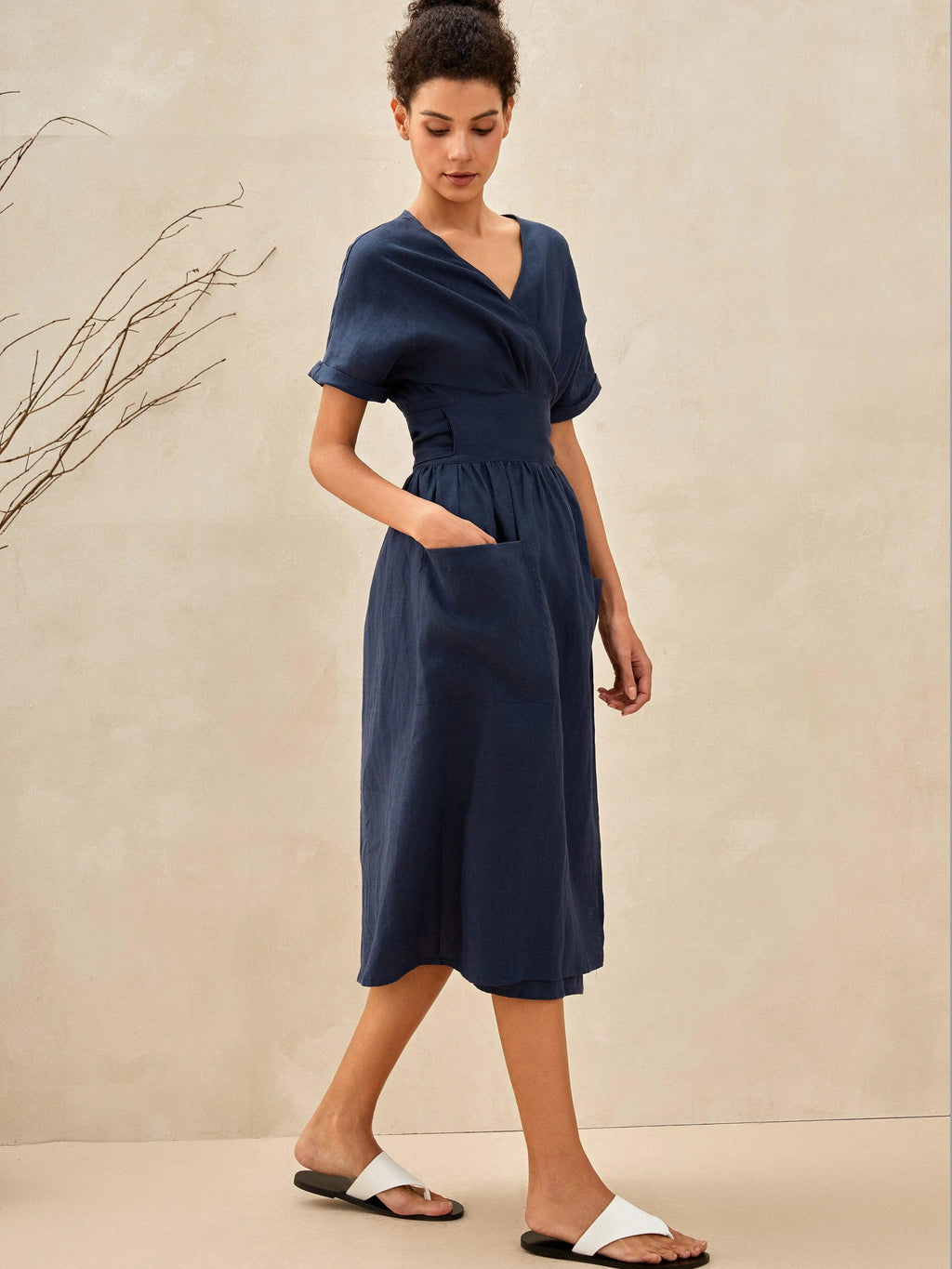 CELESTE 100% Linen Kimono Wrap Dress with Patch Pockets