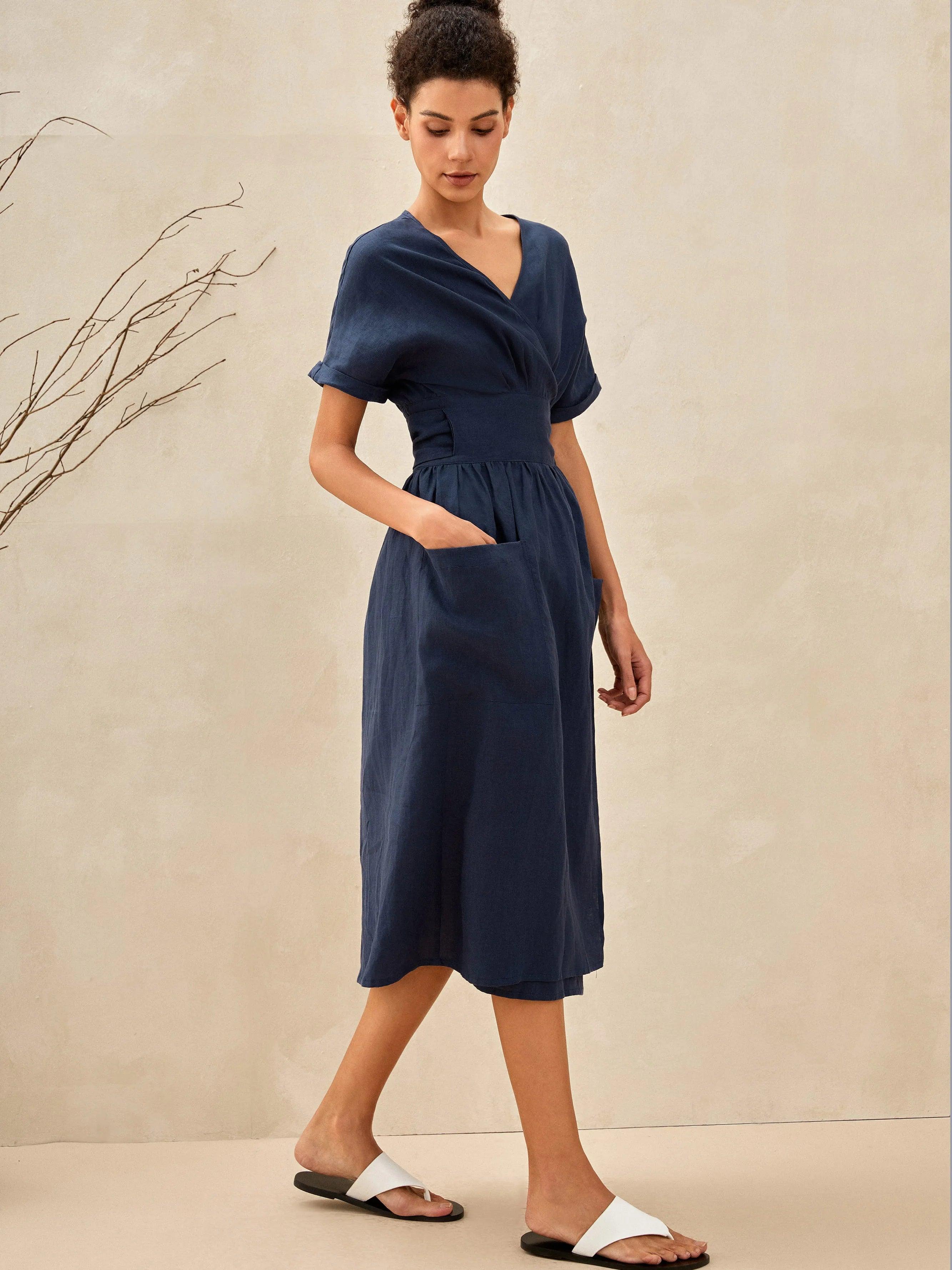 CELESTE 100% Linen Kimono Wrap Dress with Patch Pockets