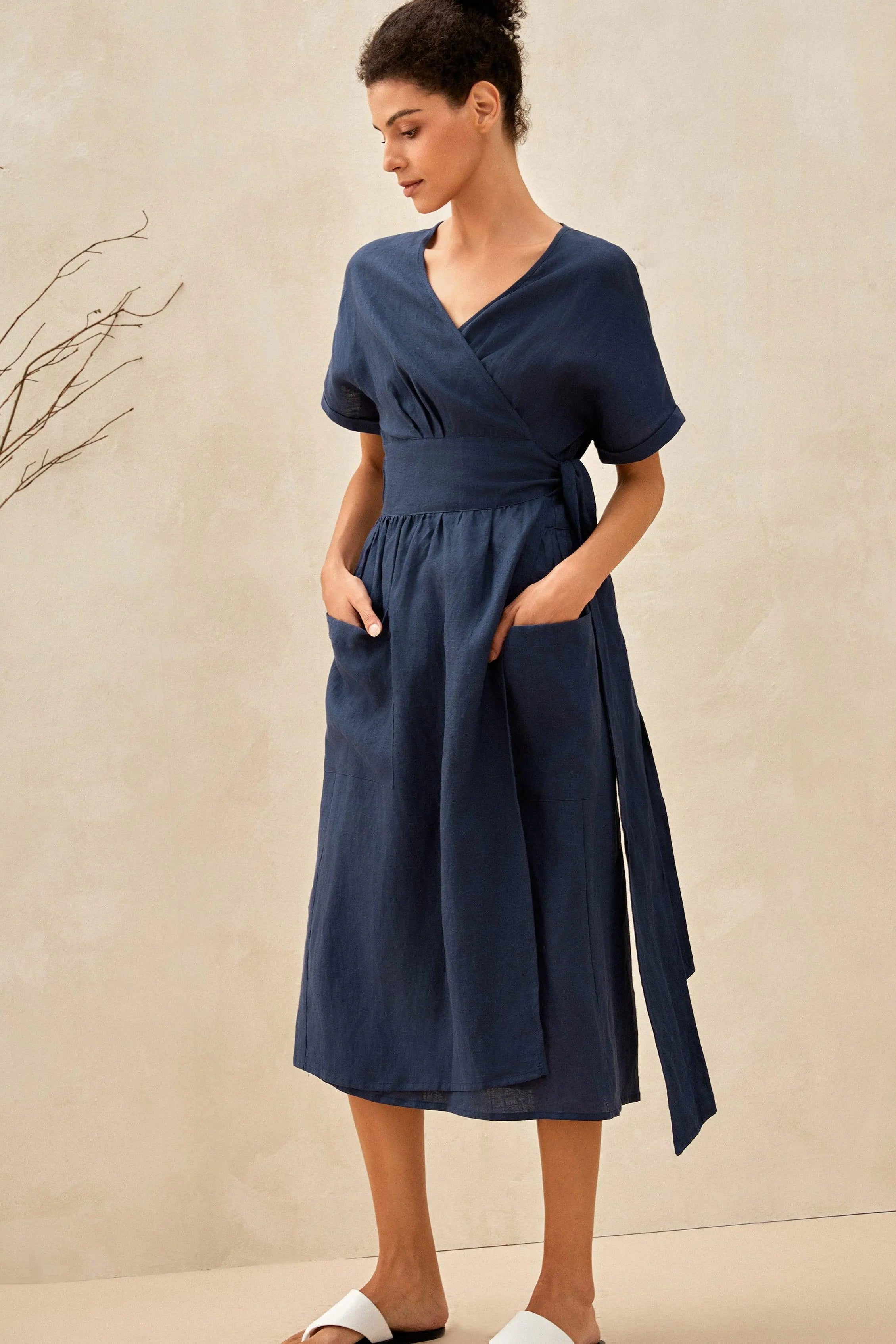 CELESTE 100% Linen Kimono Wrap Dress with Patch Pockets