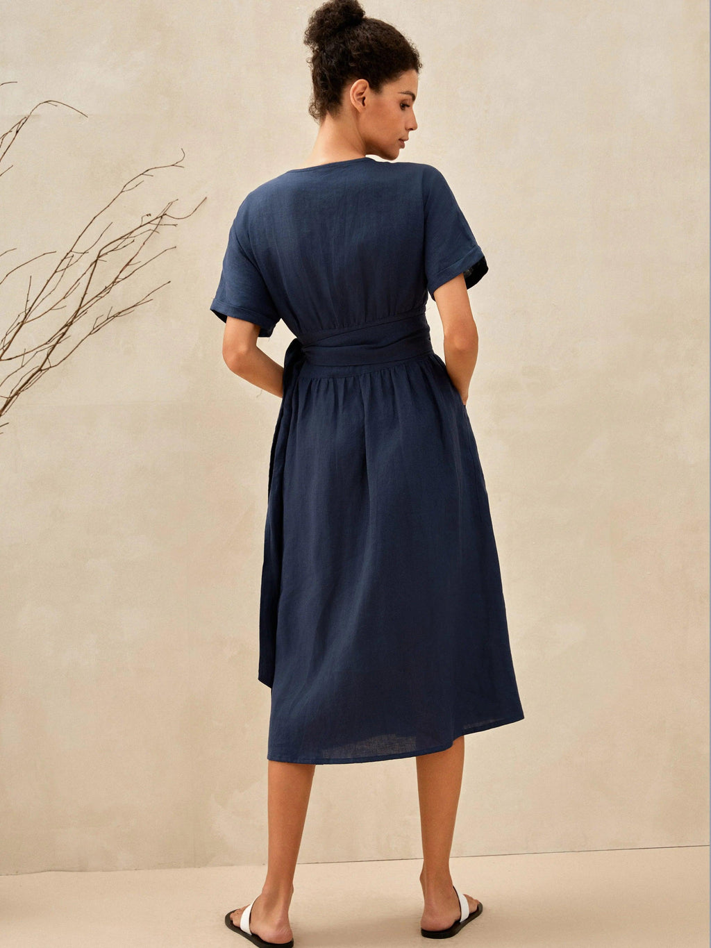 CELESTE 100% Linen Kimono Wrap Dress with Patch Pockets