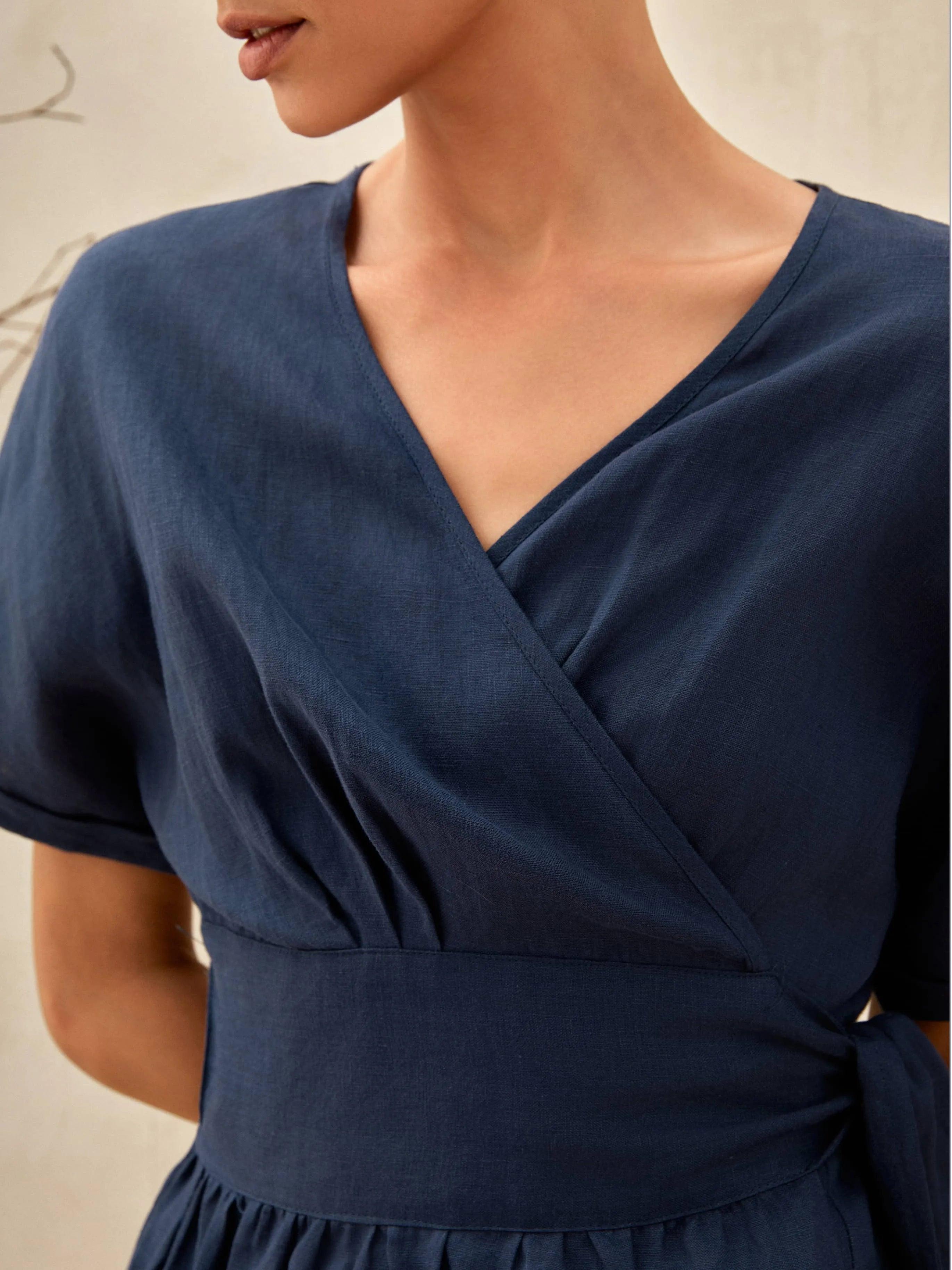 CELESTE 100% Linen Kimono Wrap Dress with Patch Pockets
