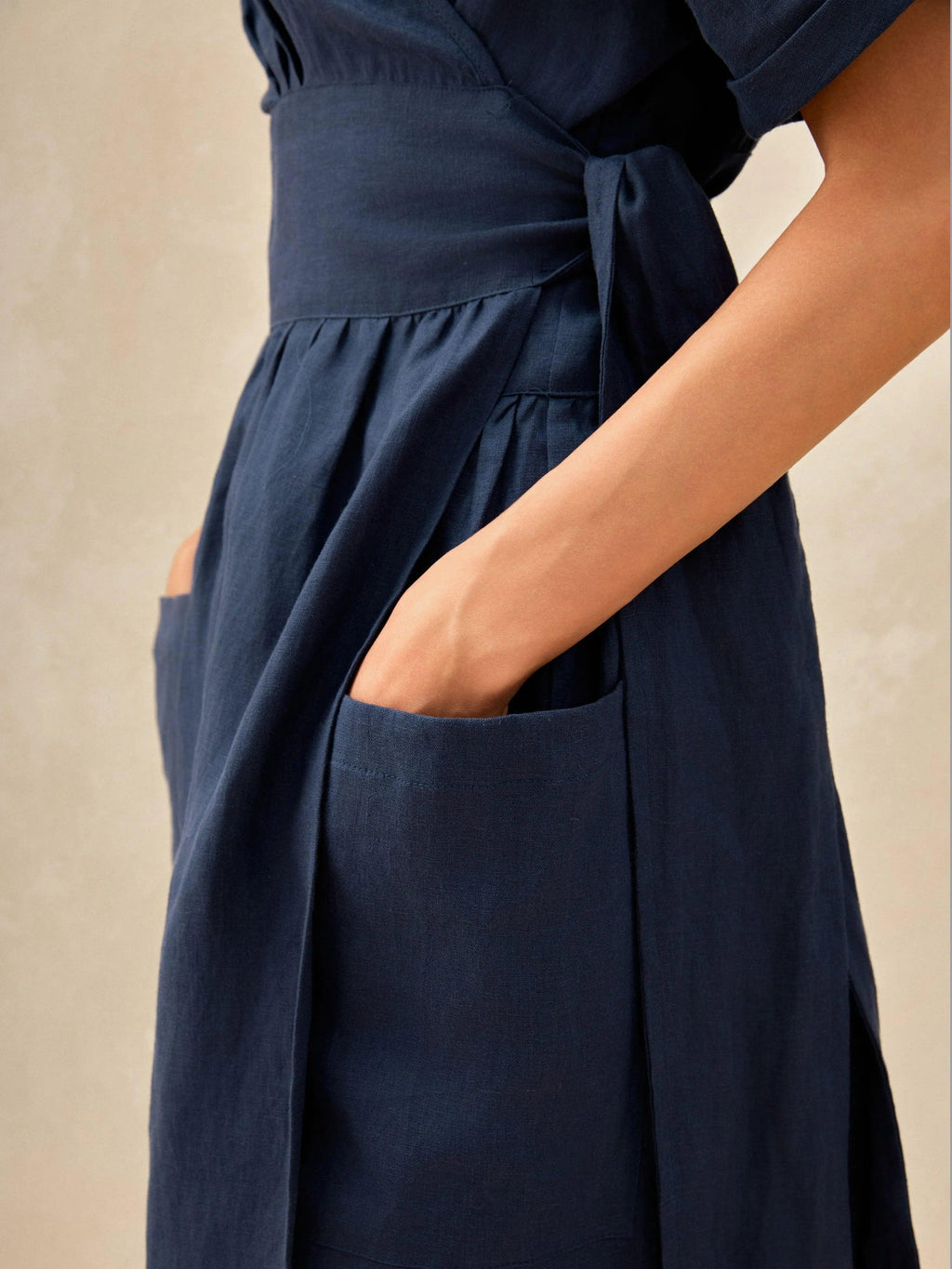 CELESTE 100% Linen Kimono Wrap Dress with Patch Pockets