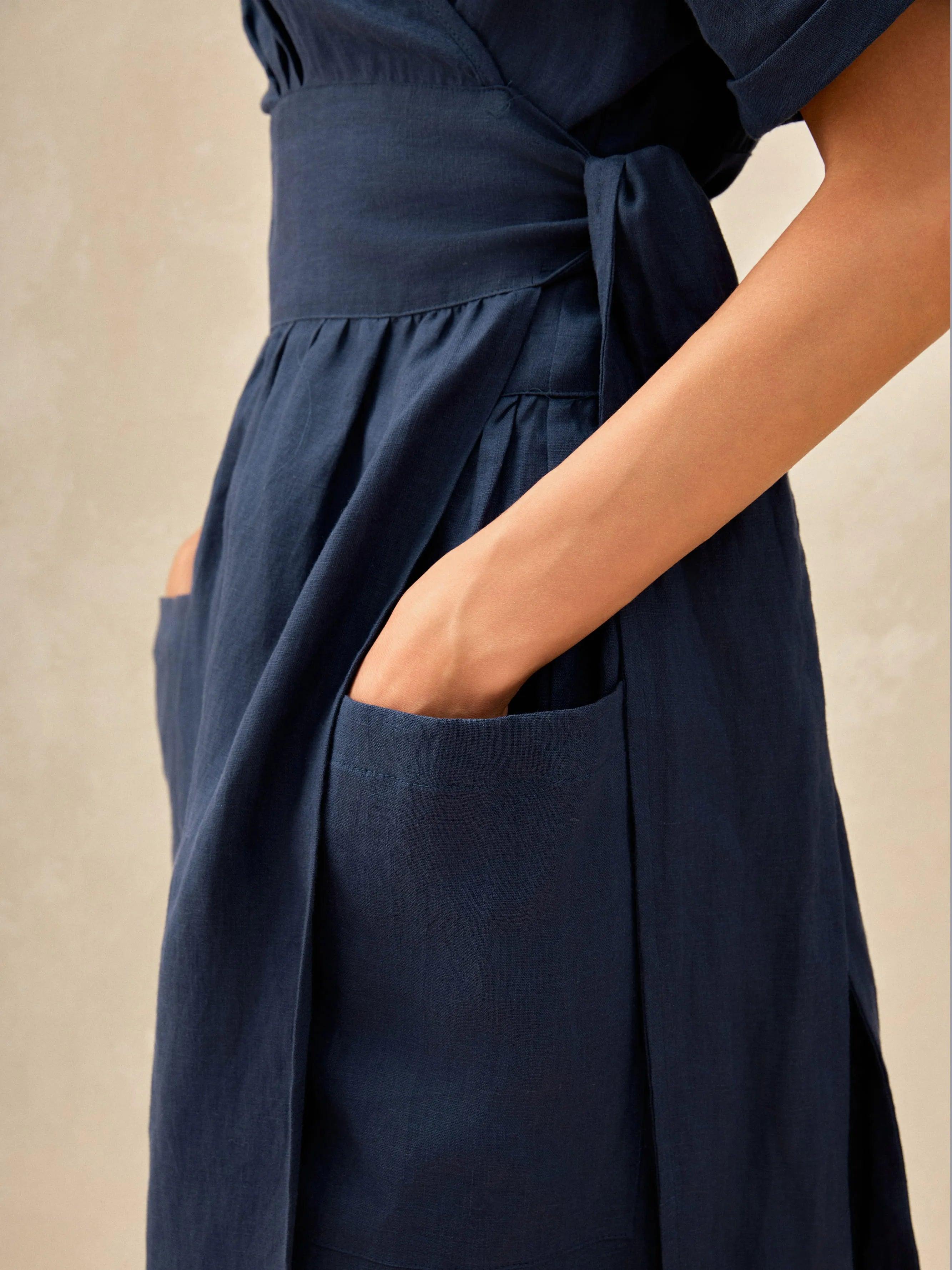 CELESTE 100% Linen Kimono Wrap Dress with Patch Pockets