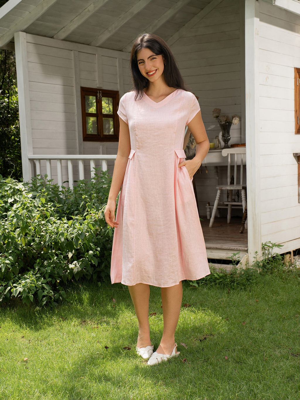 ALEXA 100% Linen V-Neck Midi Dress with Waist Pleats