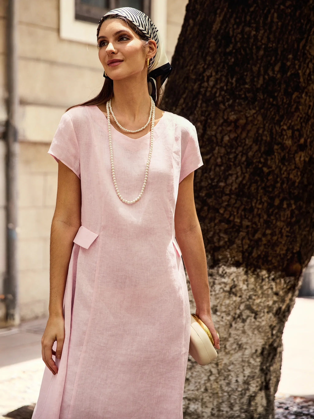 ALEXA 100% Linen V-Neck Midi Dress with Waist Pleats