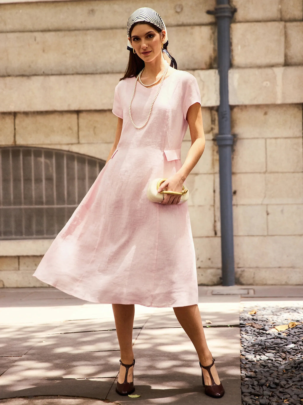 ALEXA 100% Linen V-Neck Midi Dress with Waist Pleats