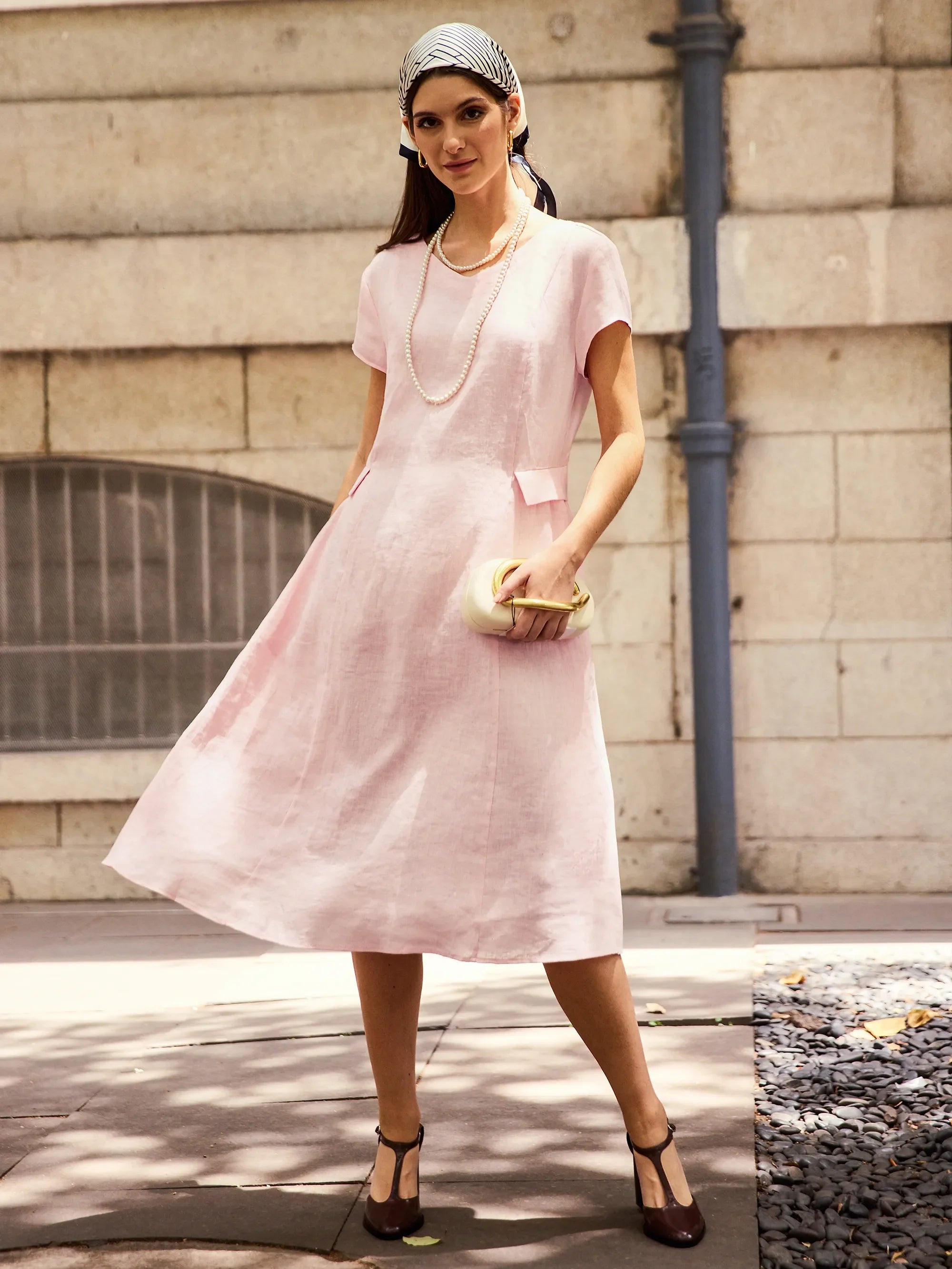 ALEXA 100% Linen V-Neck Midi Dress with Waist Pleats
