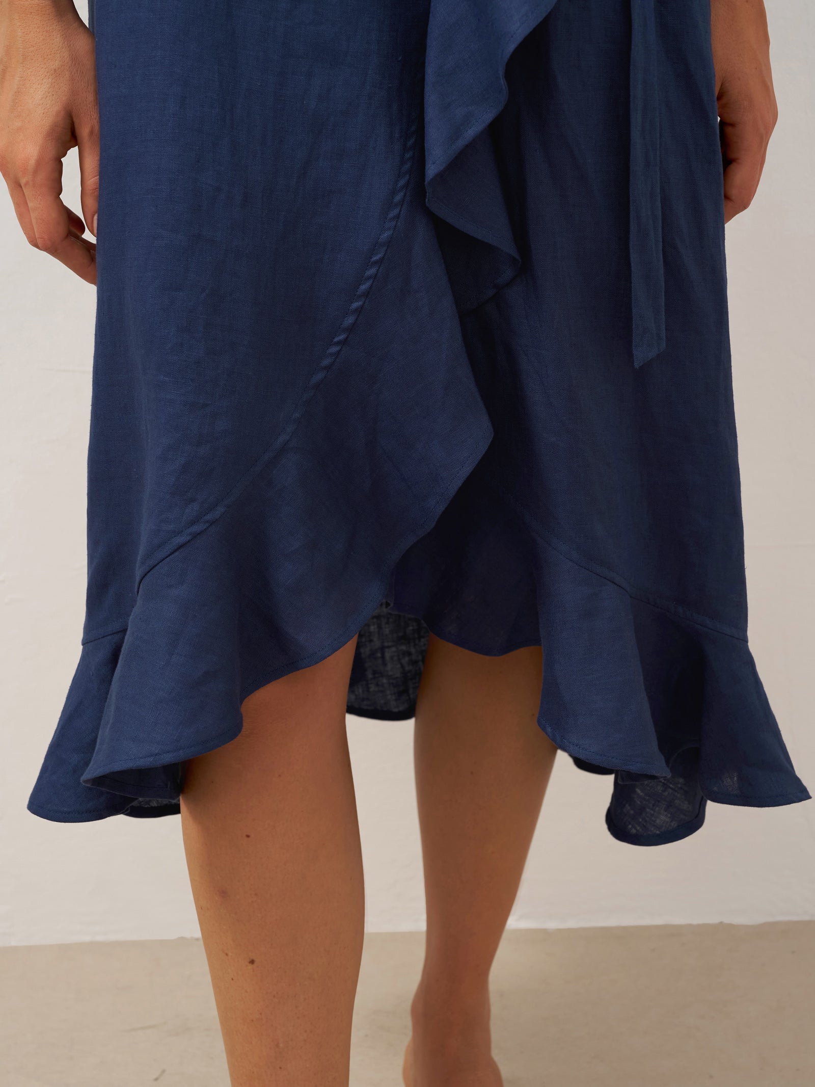 MAYA 100% Linen V-Neck Wrap Maxi Dress with Ruffle Hem