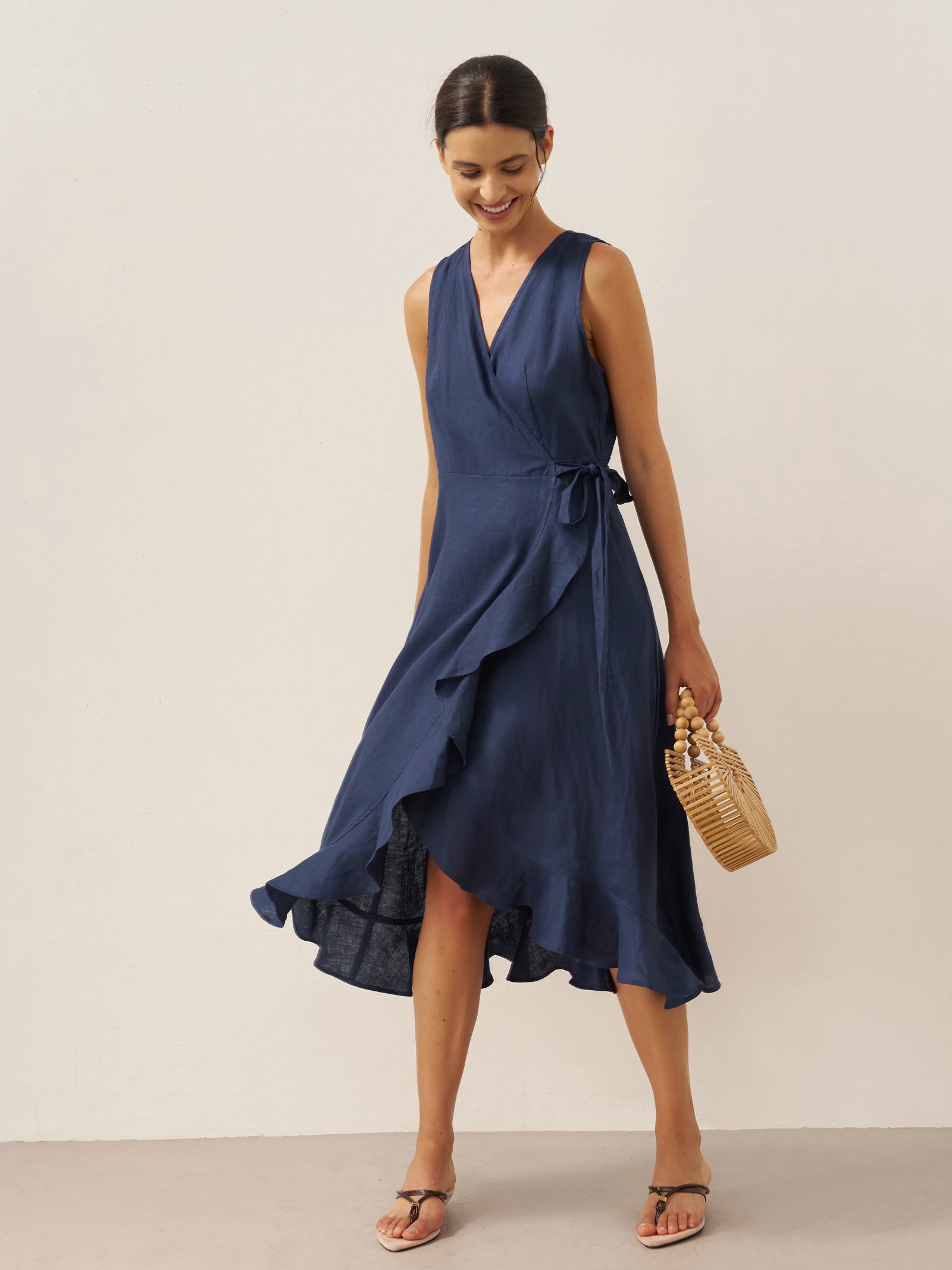 MAYA 100% Linen V-Neck Wrap Maxi Dress with Ruffle Hem