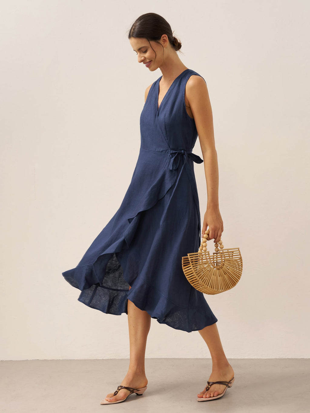 MAYA 100% Linen V-Neck Wrap Maxi Dress with Ruffle Hem