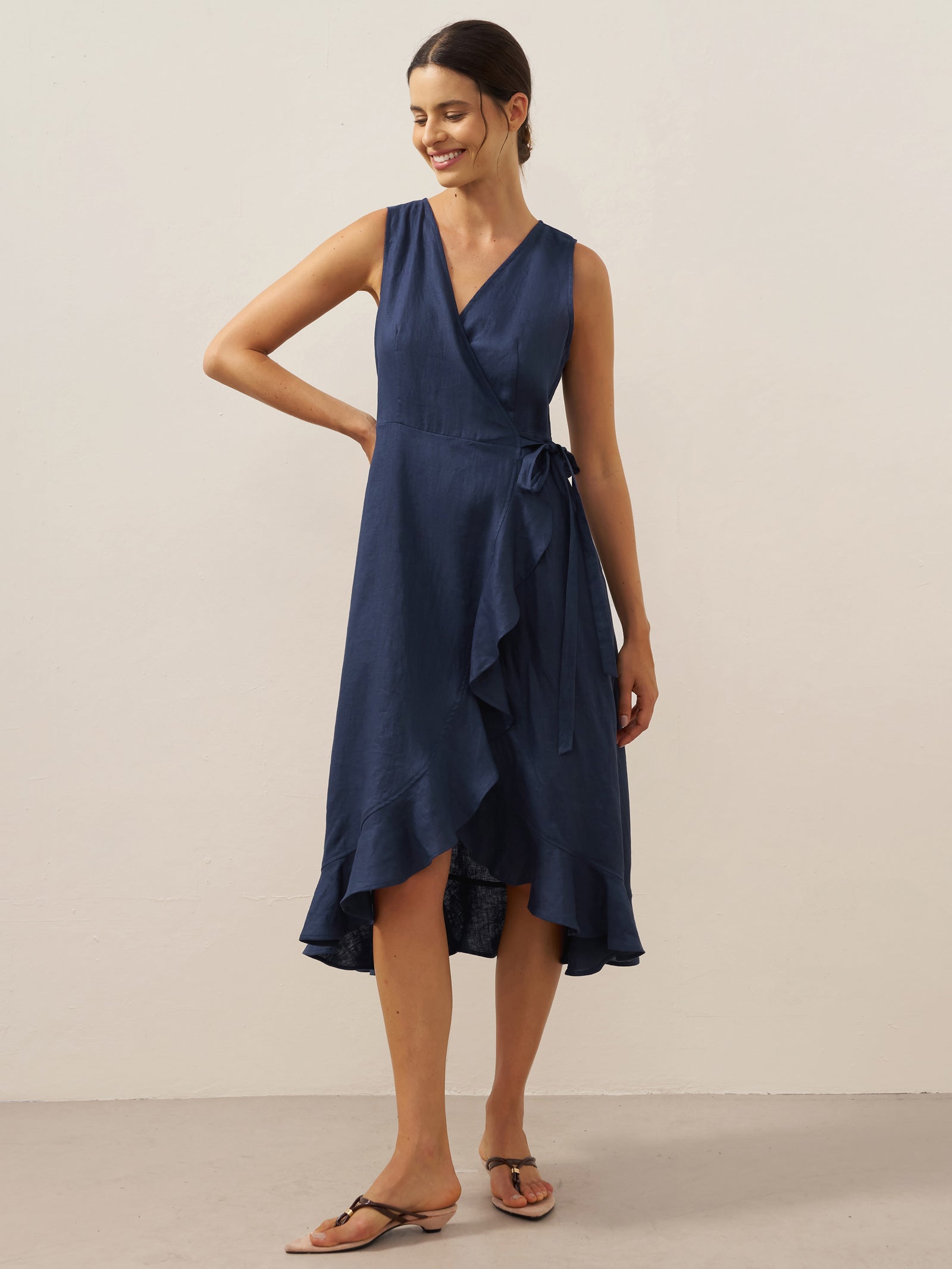MAYA 100% Linen V-Neck Wrap Maxi Dress with Ruffle Hem