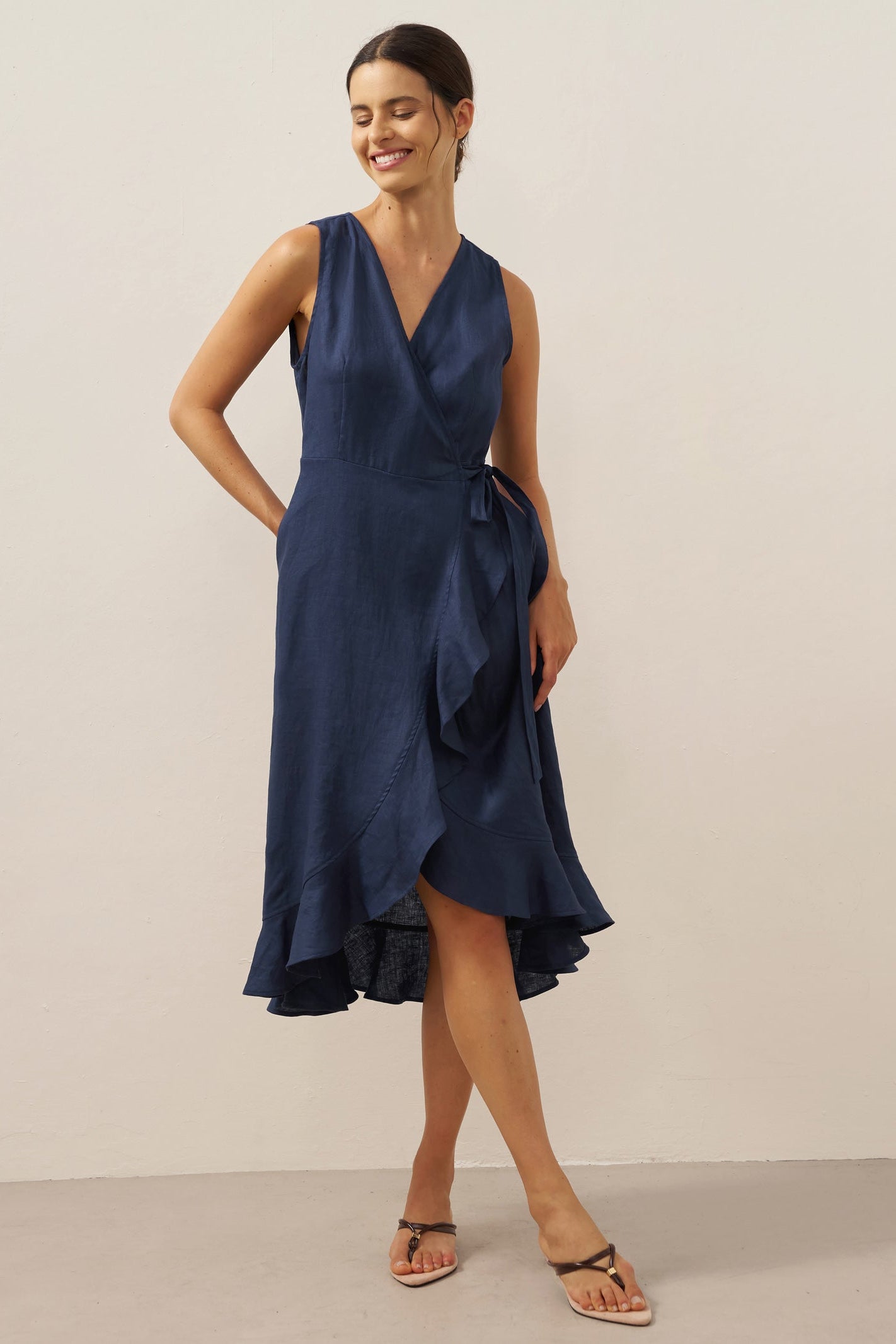 MAYA 100% Linen V-Neck Wrap Maxi Dress with Ruffle Hem