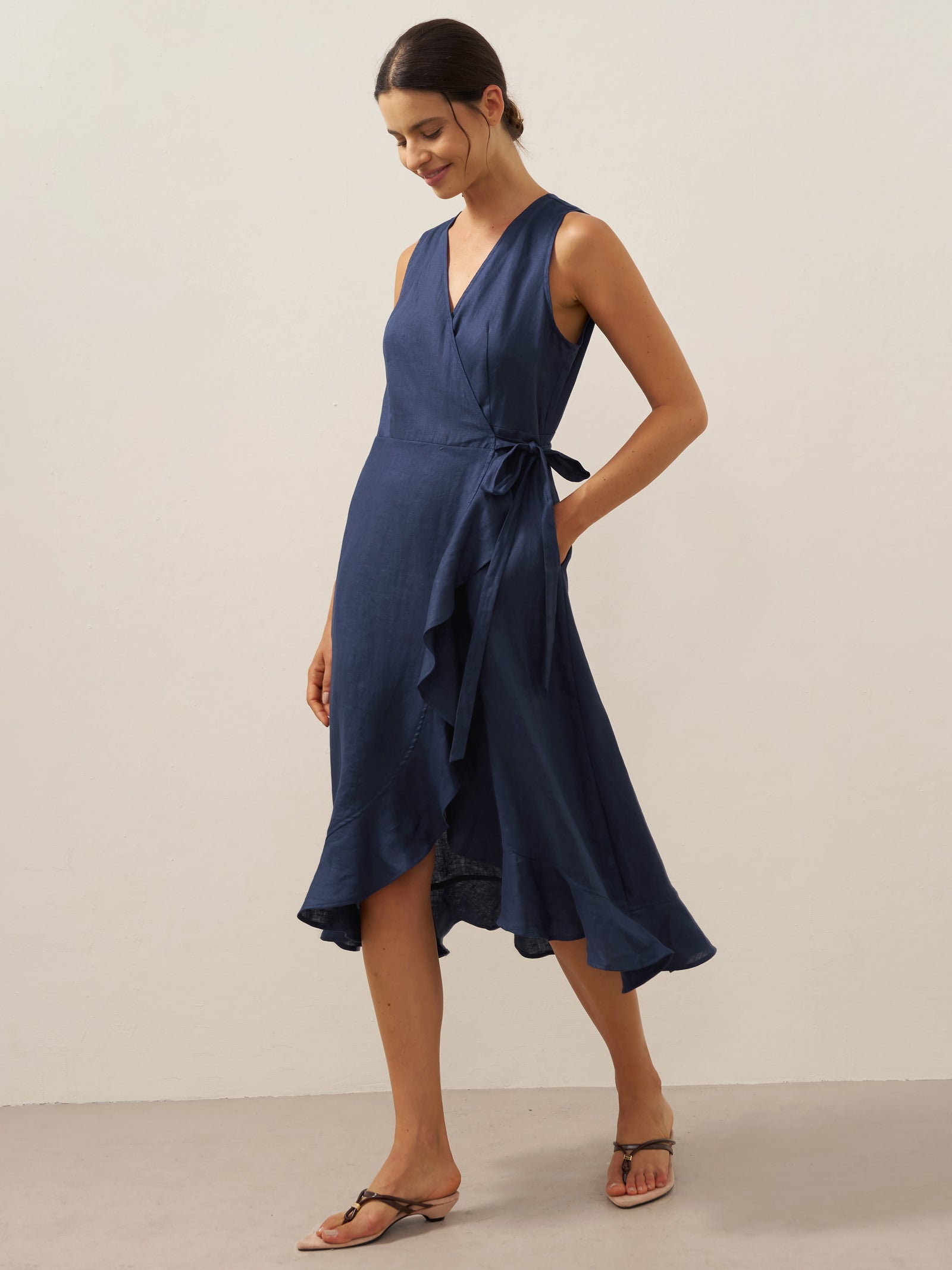 MAYA 100% Linen V-Neck Wrap Maxi Dress with Ruffle Hem
