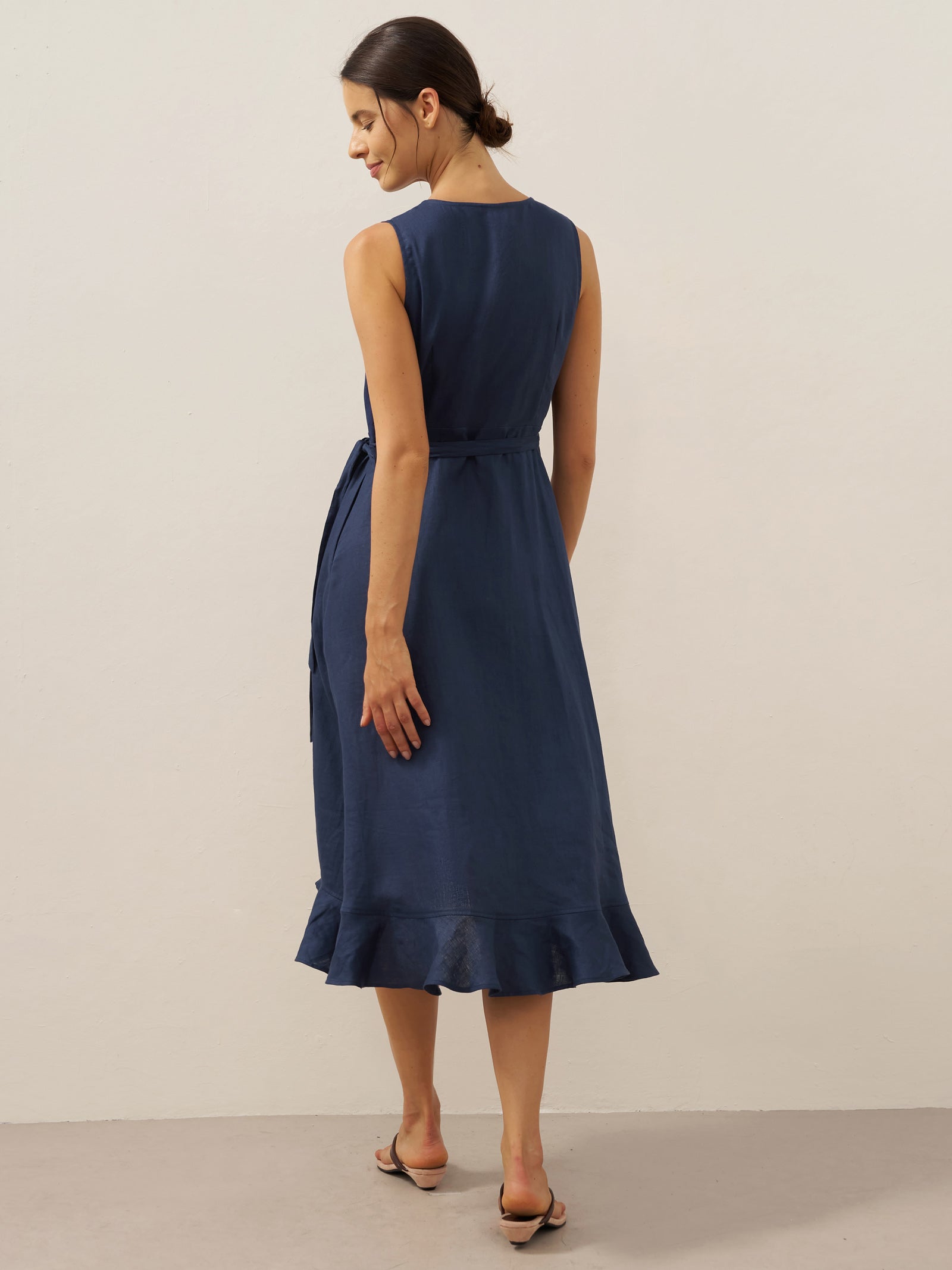 MAYA 100% Linen V-Neck Wrap Maxi Dress with Ruffle Hem