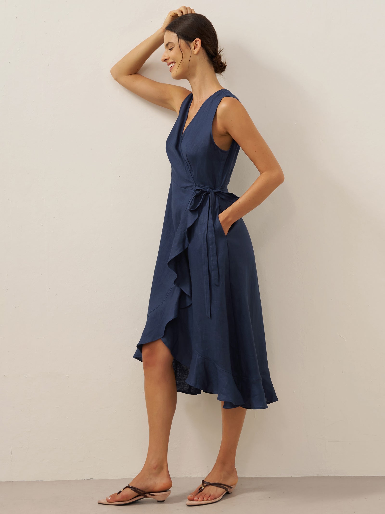 MAYA 100% Linen V-Neck Wrap Maxi Dress with Ruffle Hem