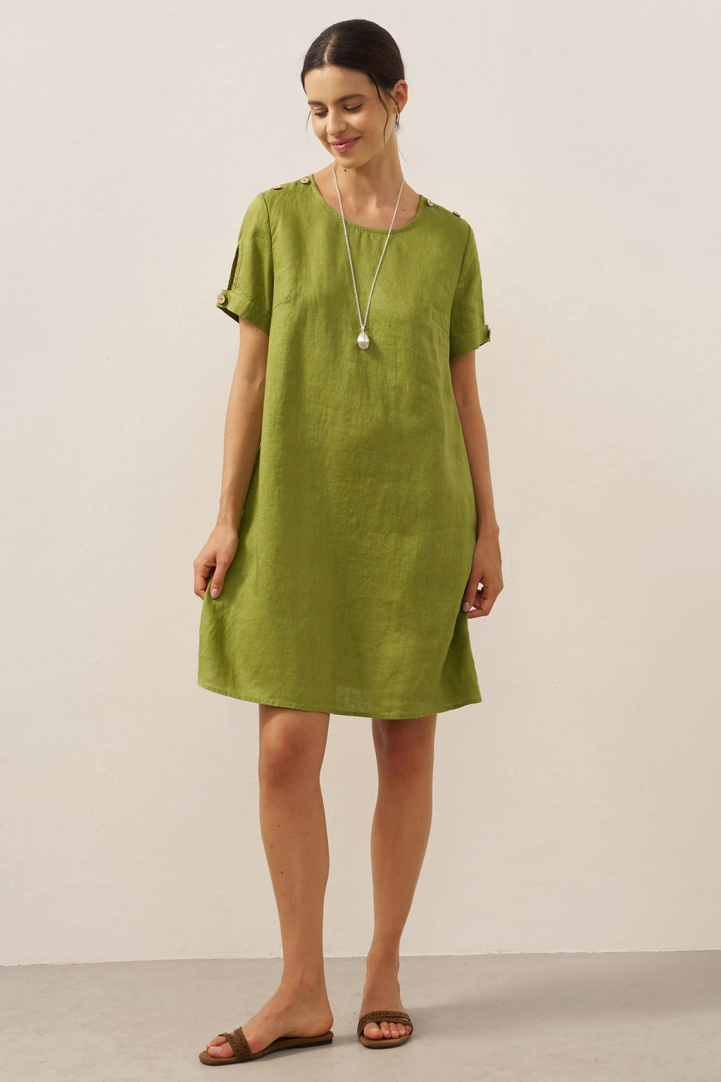LIA 100% Linen Eyelet Sleeve Mini Dress with Coconut Buttons