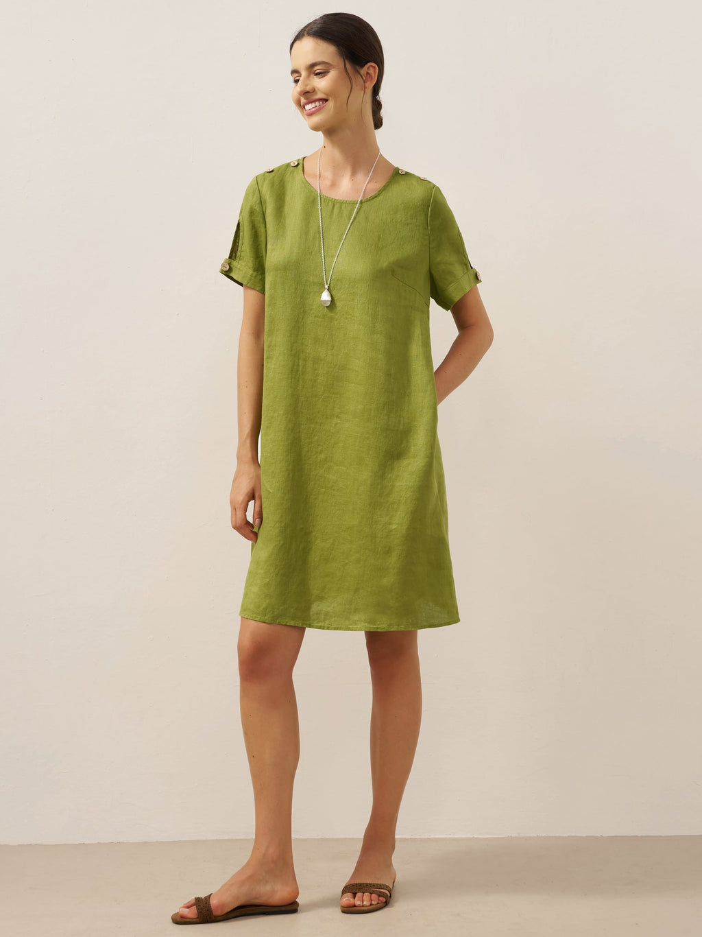 LIA 100% Linen Eyelet Sleeve Mini Dress with Coconut Buttons