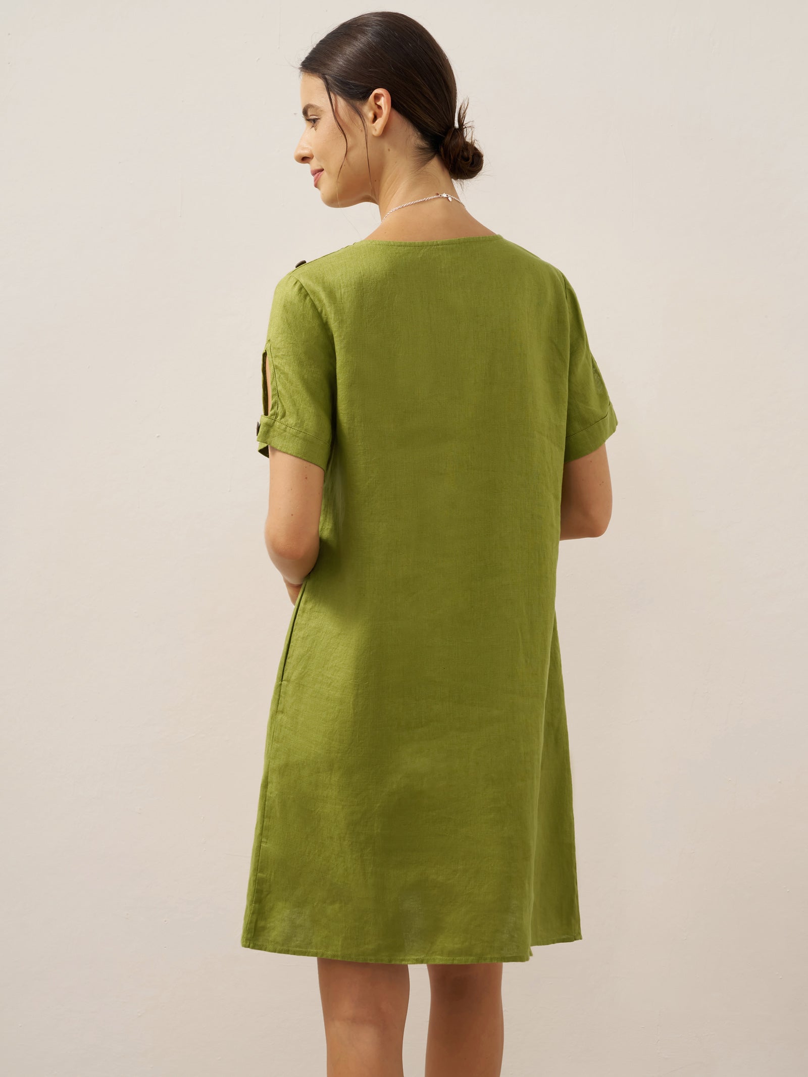 LIA 100% Linen Eyelet Sleeve Mini Dress with Coconut Buttons