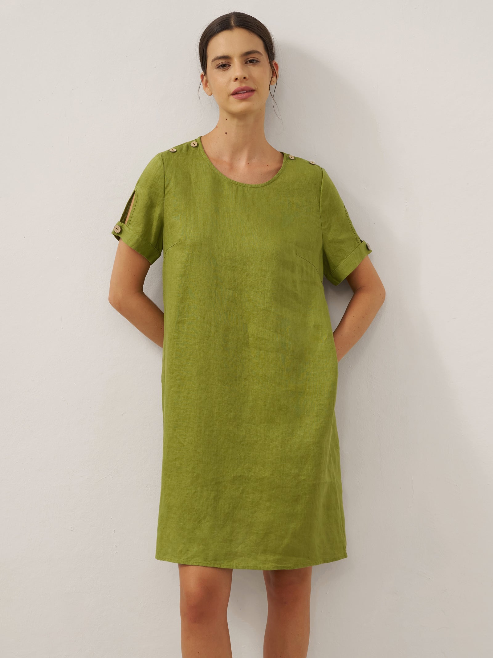 LIA 100% Linen Eyelet Sleeve Mini Dress with Coconut Buttons