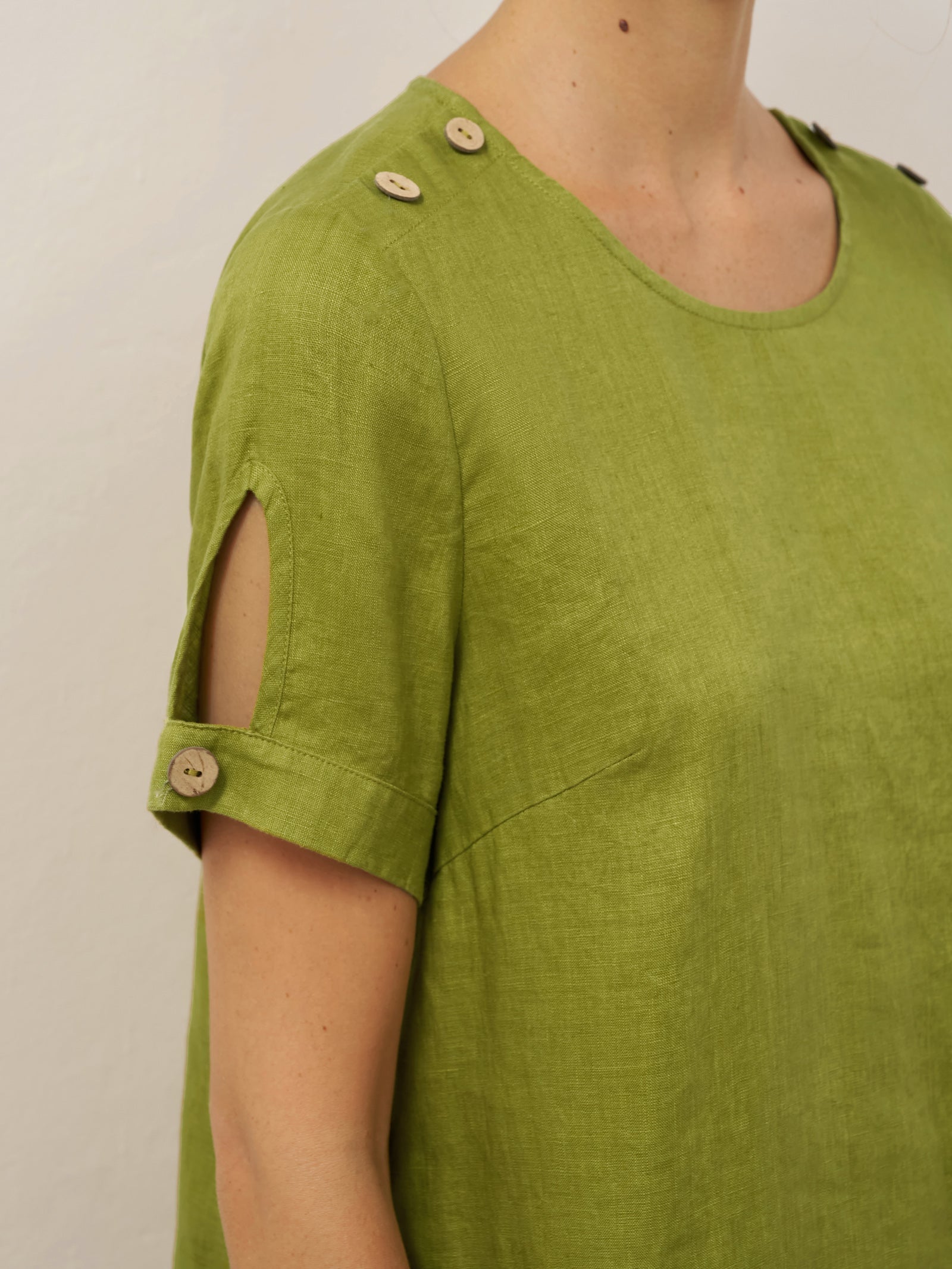 LIA 100% Linen Eyelet Sleeve Mini Dress with Coconut Buttons