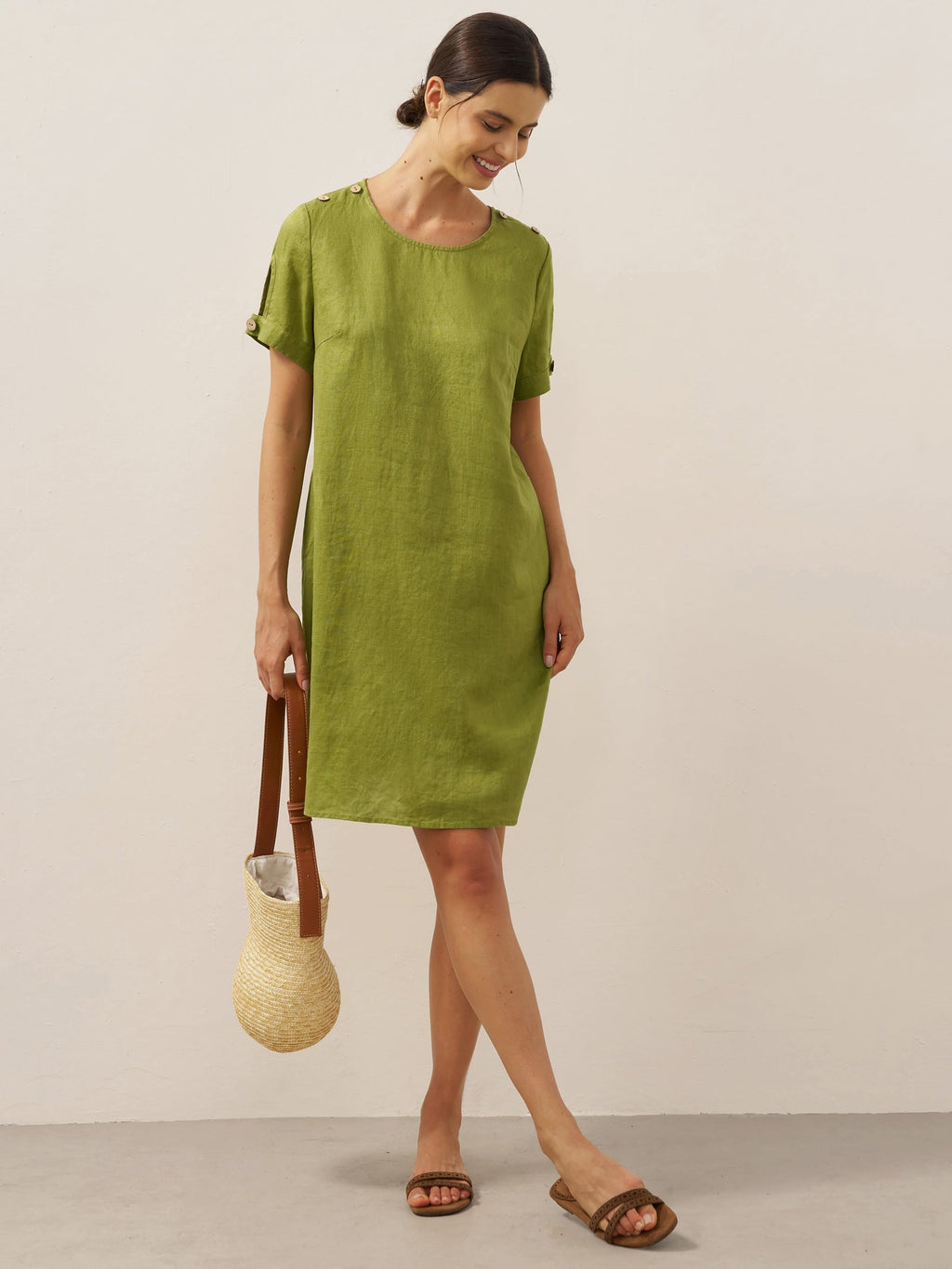 LIA 100% Linen Eyelet Sleeve Mini Dress with Coconut Buttons