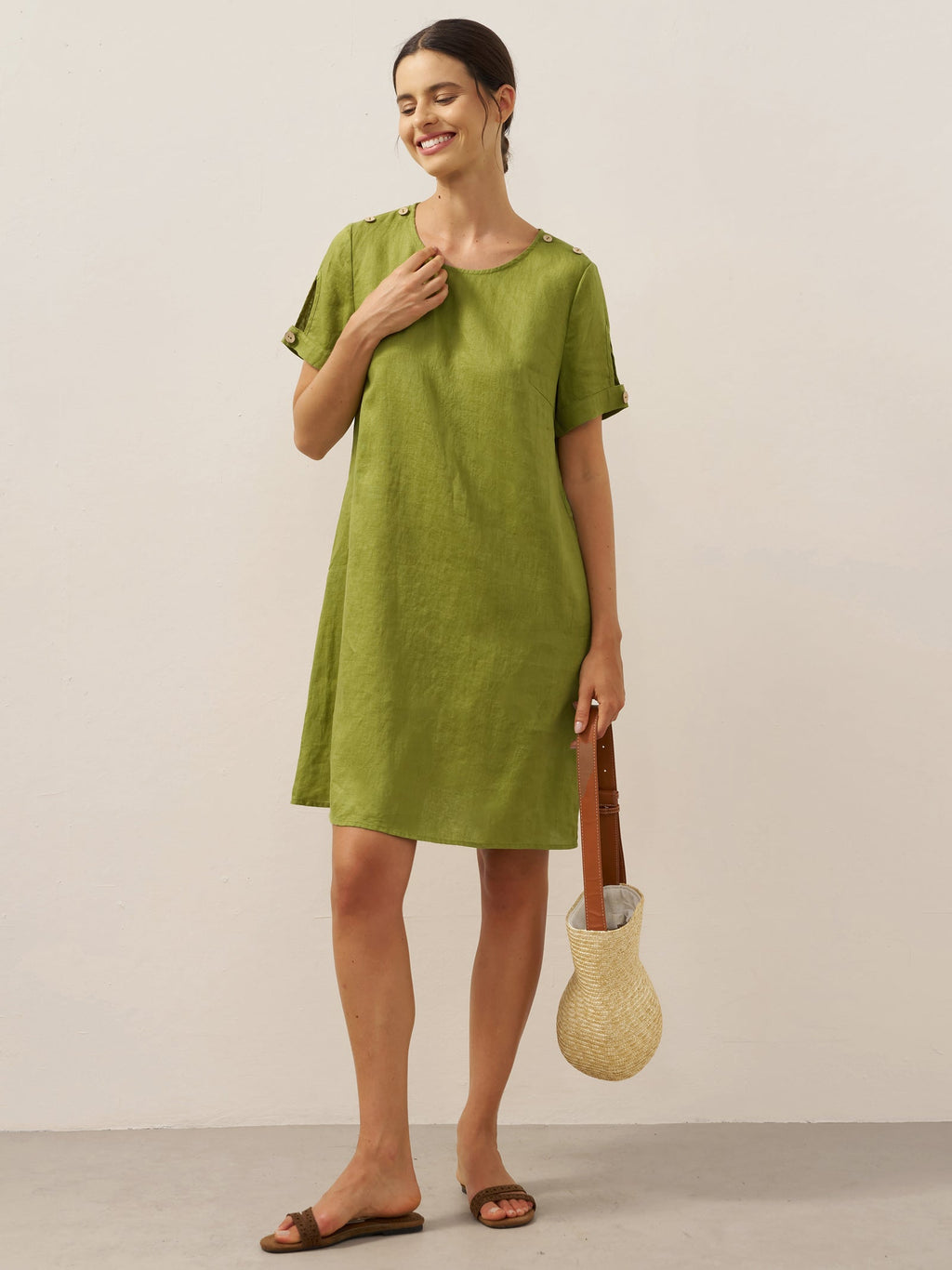 LIA 100% Linen Eyelet Sleeve Mini Dress with Coconut Buttons