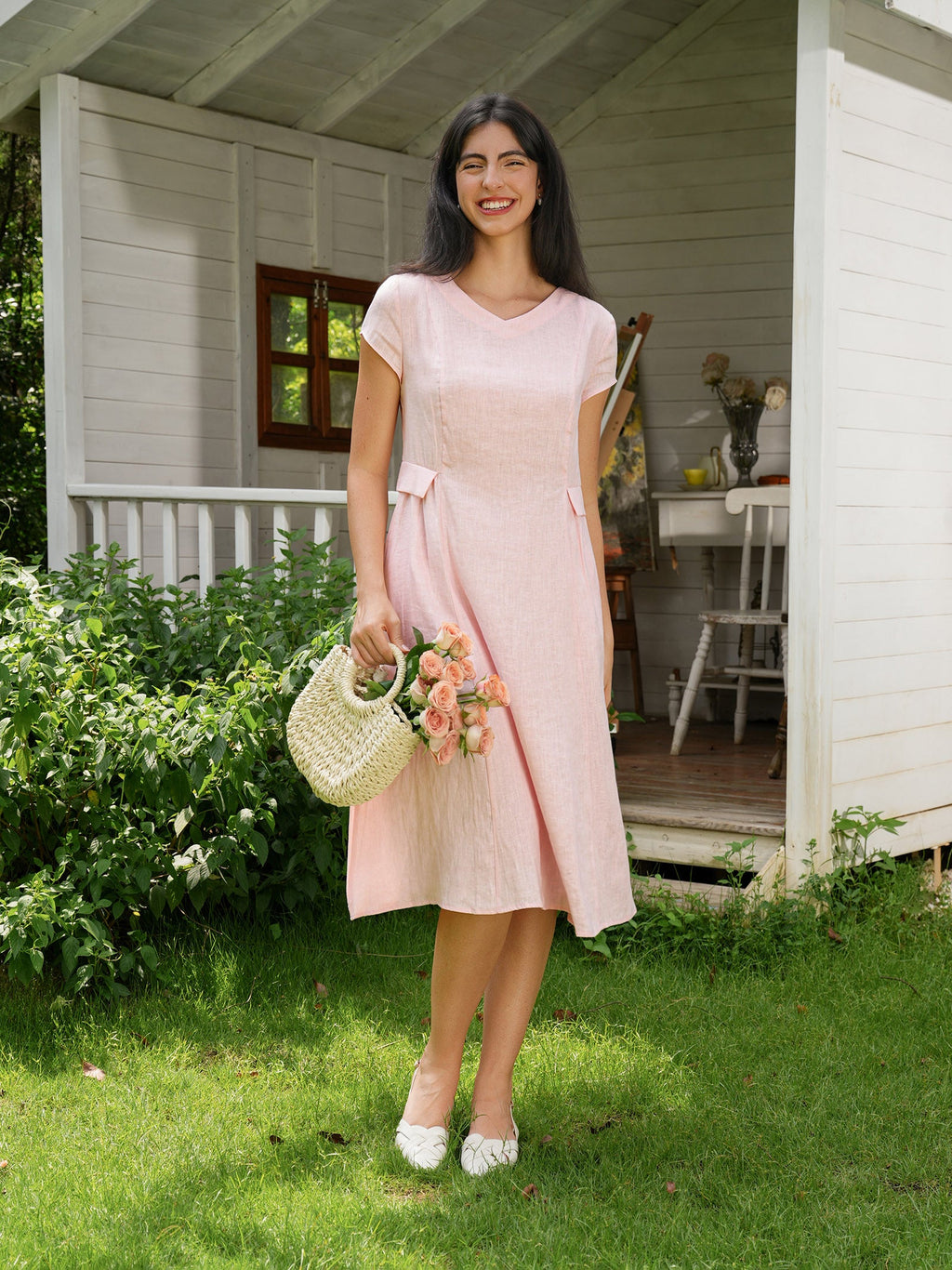 ALEXA 100% Linen V-Neck Midi Dress with Waist Pleats