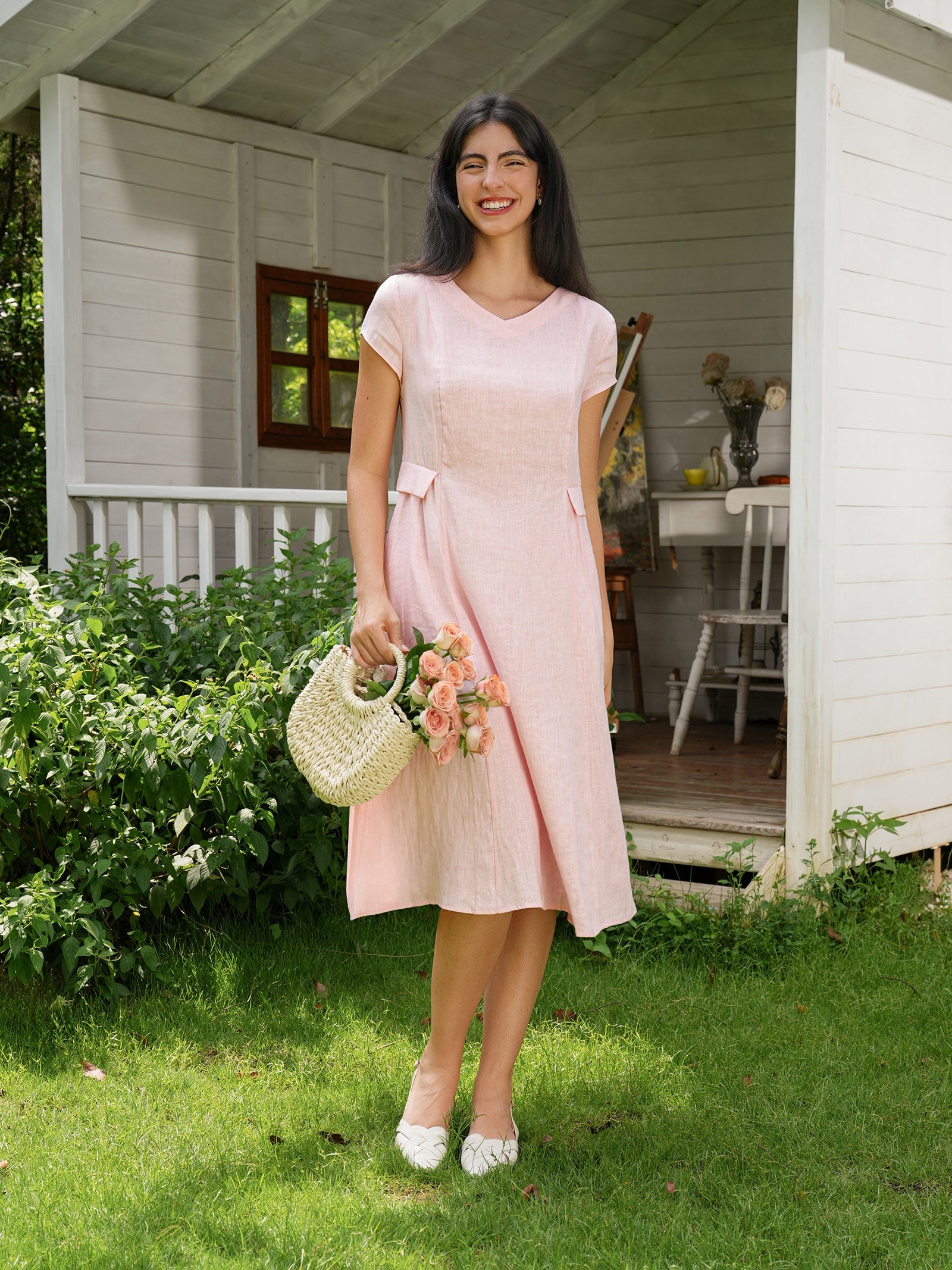 ALEXA 100% Linen V-Neck Midi Dress with Waist Pleats