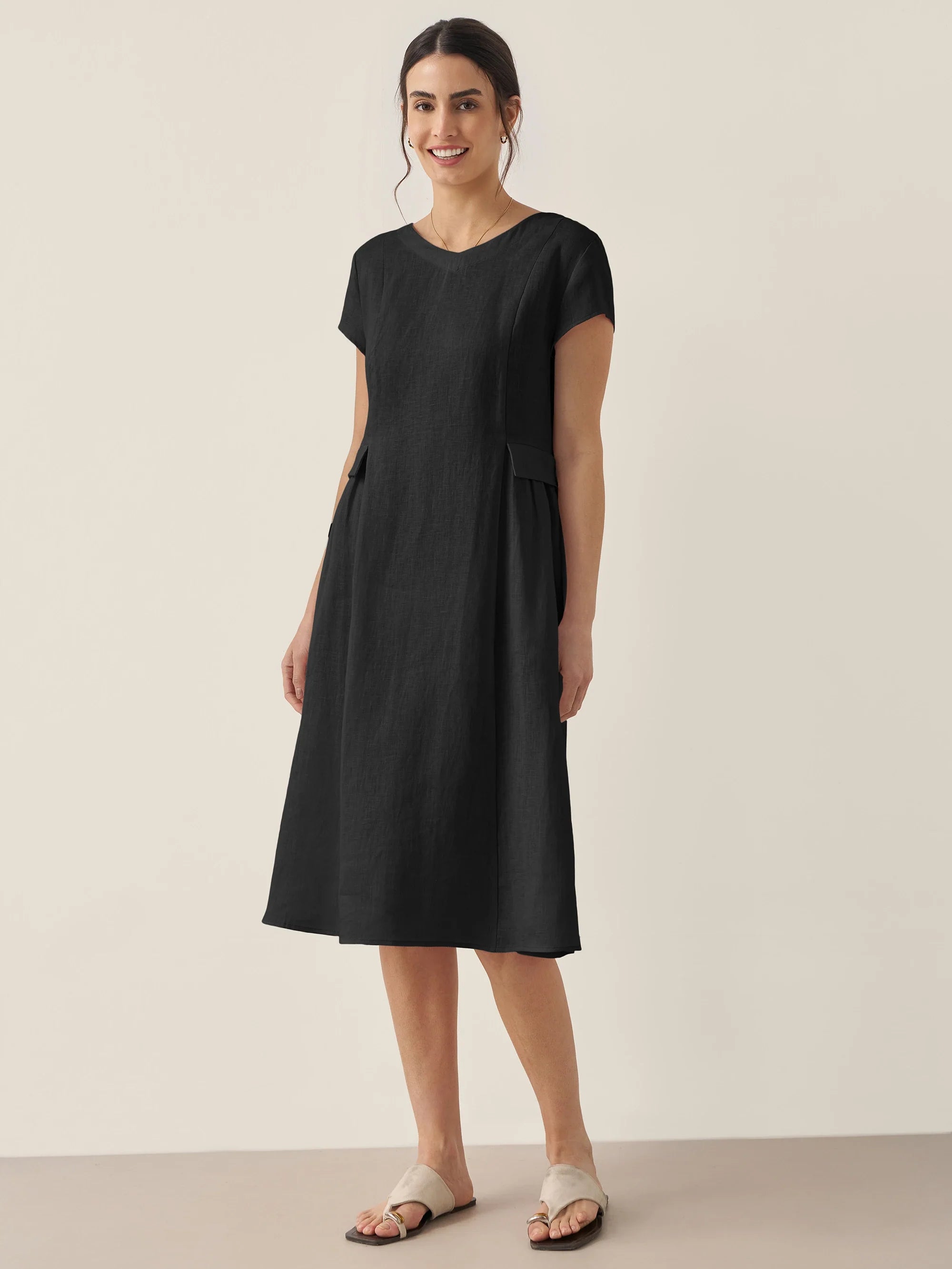 ALEXA 100% Linen V-Neck Midi Dress with Waist Pleats