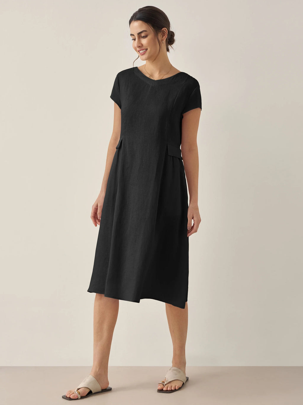 ALEXA 100% Linen V-Neck Midi Dress with Waist Pleats