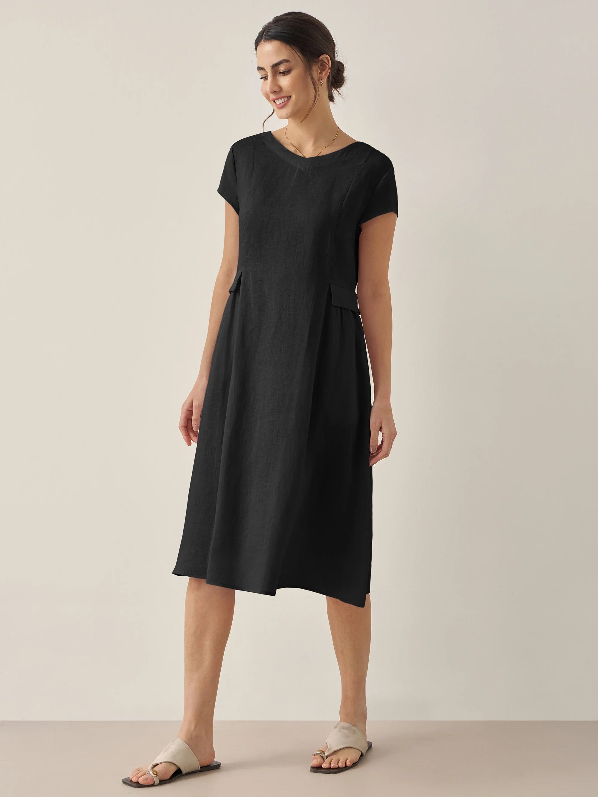 ALEXA 100% Linen V-Neck Midi Dress with Waist Pleats