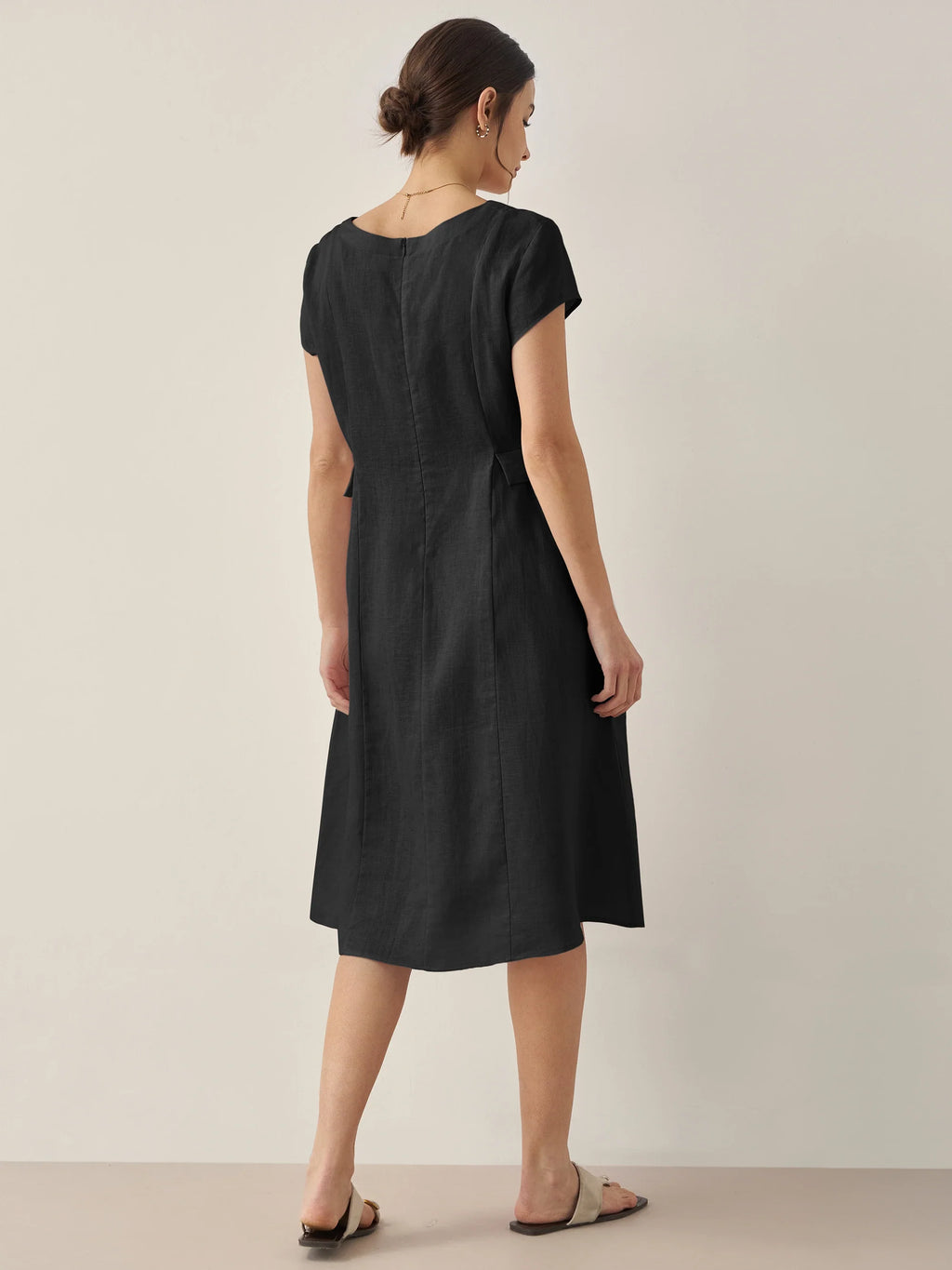 ALEXA 100% Linen V-Neck Midi Dress with Waist Pleats
