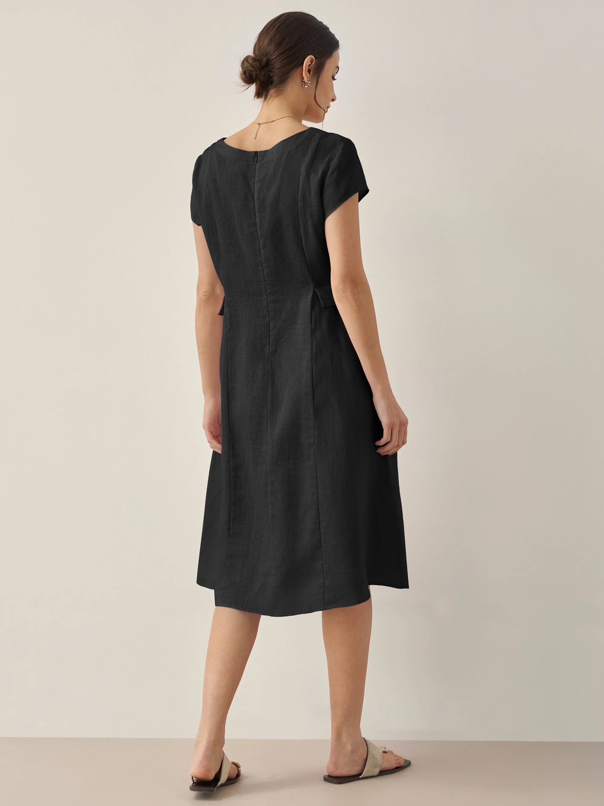 ALEXA 100% Linen V-Neck Midi Dress with Waist Pleats
