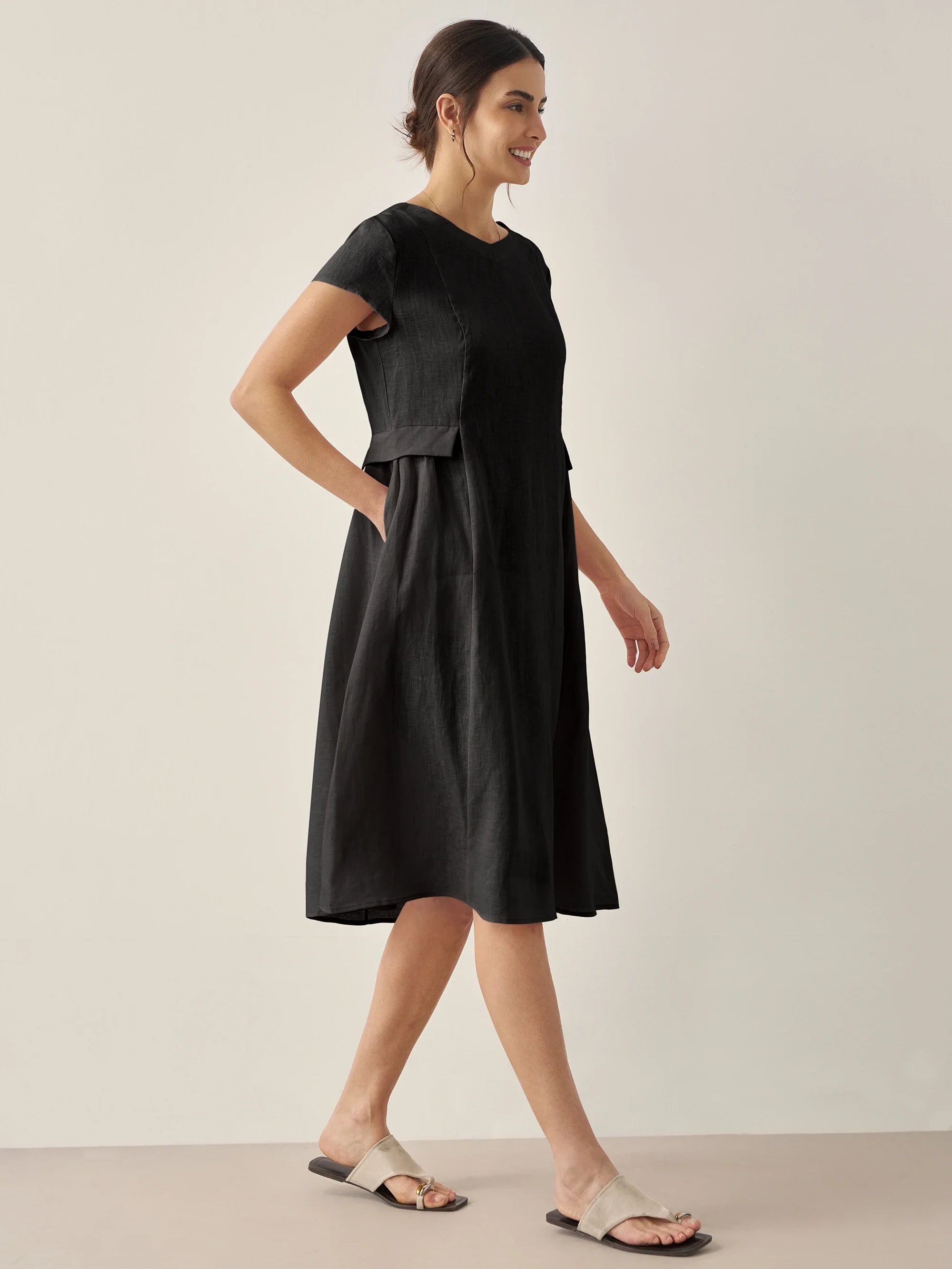 ALEXA 100% Linen V-Neck Midi Dress with Waist Pleats