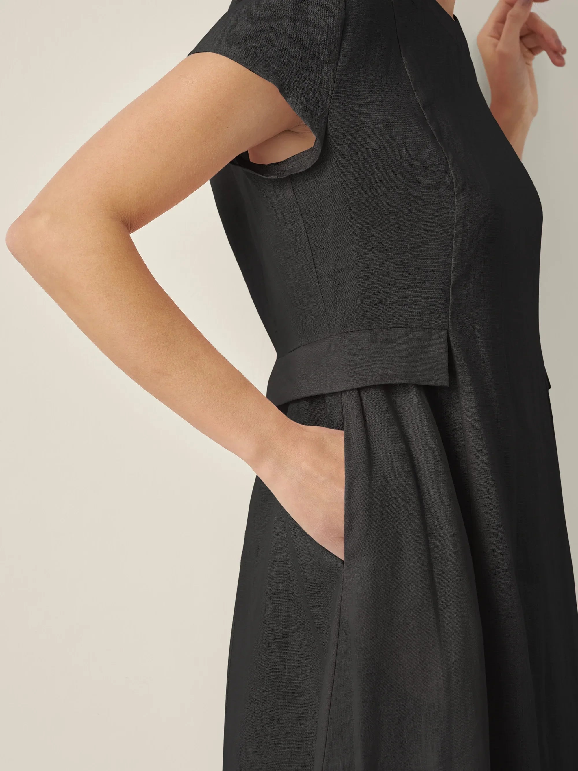 ALEXA 100% Linen V-Neck Midi Dress with Waist Pleats
