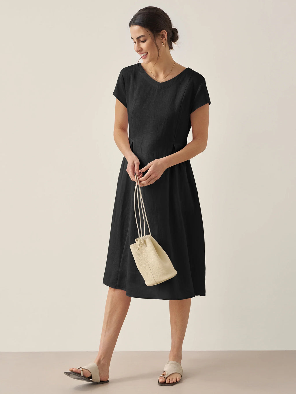 ALEXA 100% Linen V-Neck Midi Dress with Waist Pleats
