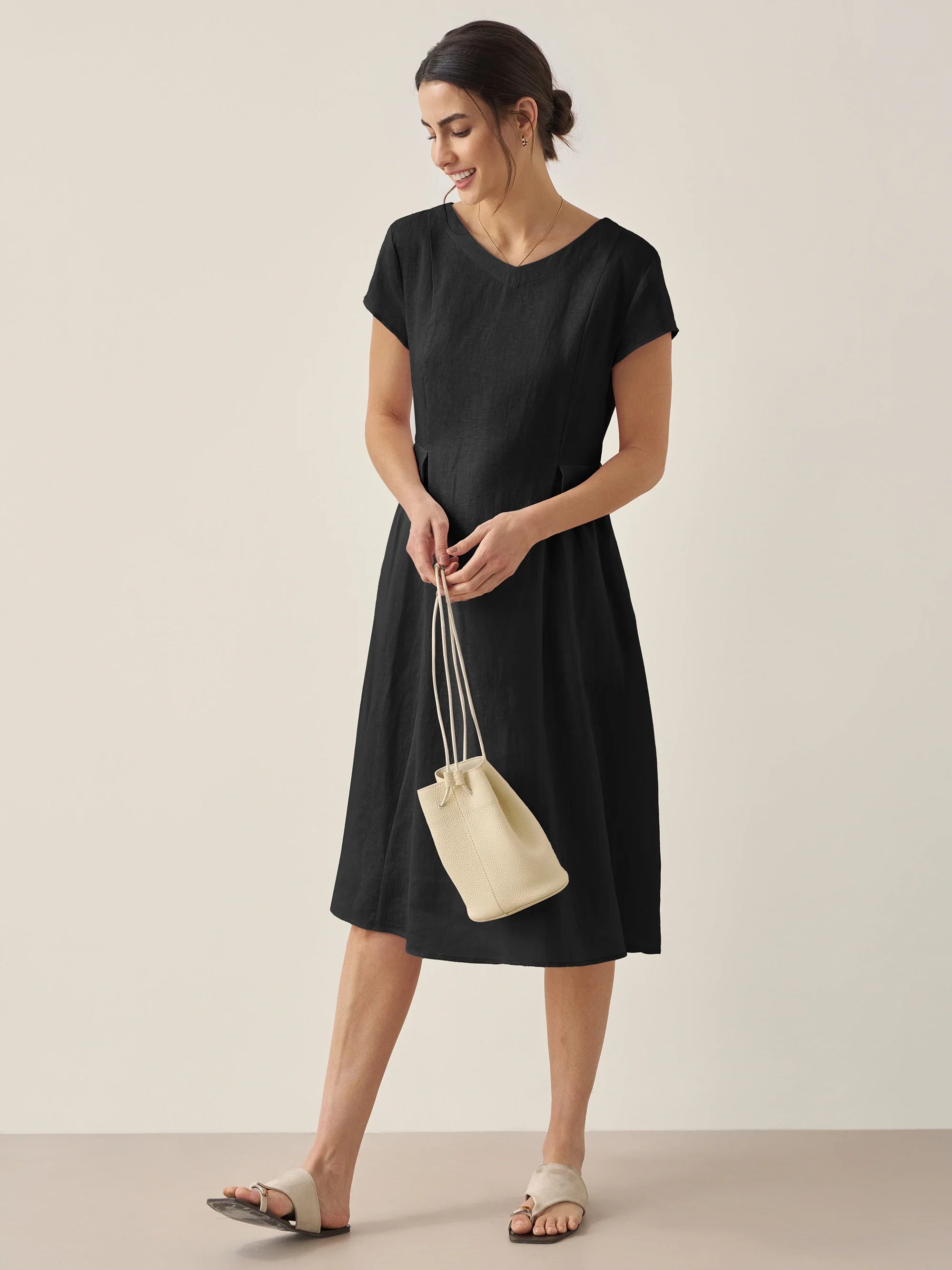 ALEXA 100% Linen V-Neck Midi Dress with Waist Pleats
