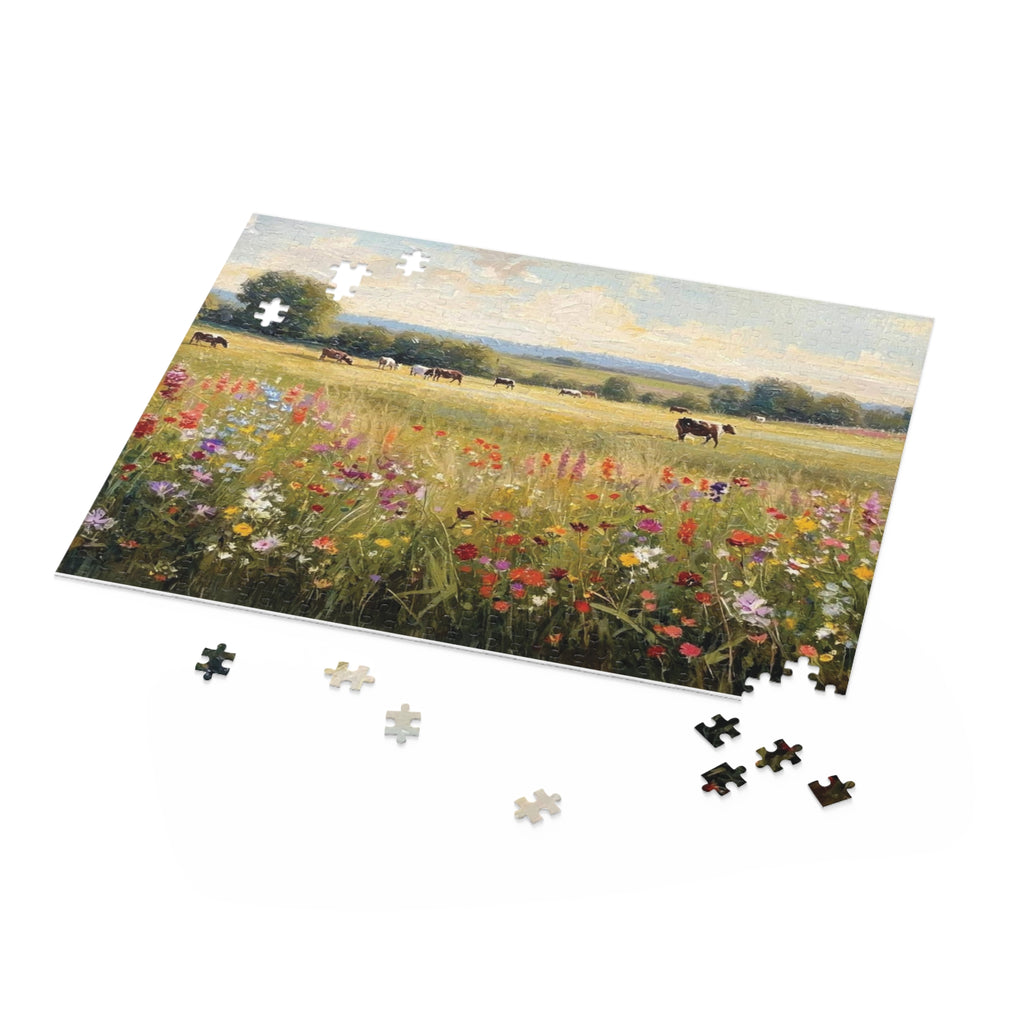 Pasture Puzzle - Cows & Wildflowers Oil Painting | 120, 252, or 500 Pieces