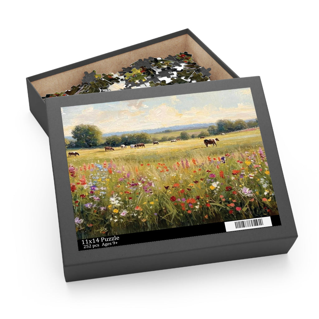 Pasture Puzzle - Cows & Wildflowers Oil Painting | 120, 252, or 500 Pieces