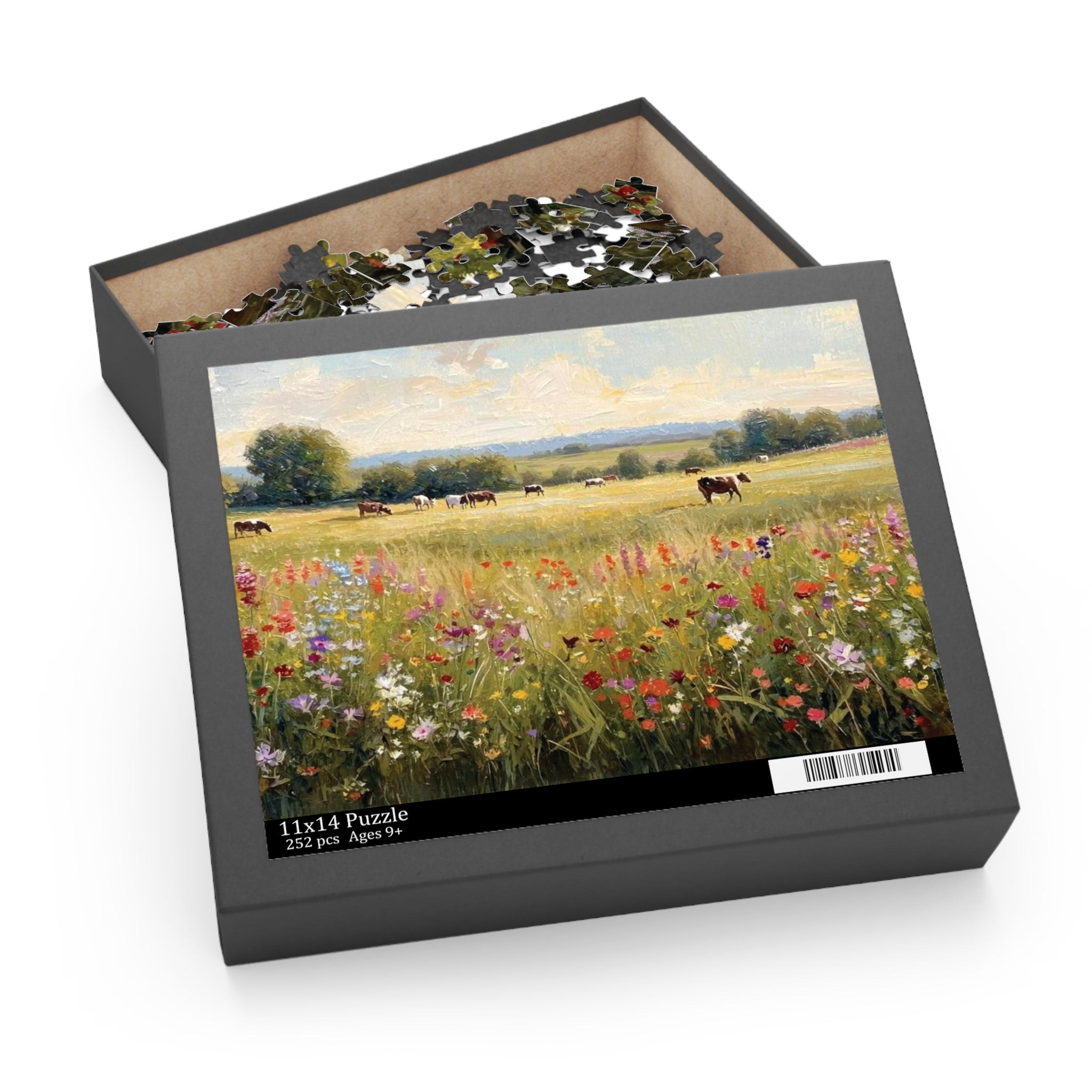 Pasture Puzzle - Cows & Wildflowers Oil Painting | 120, 252, or 500 Pieces