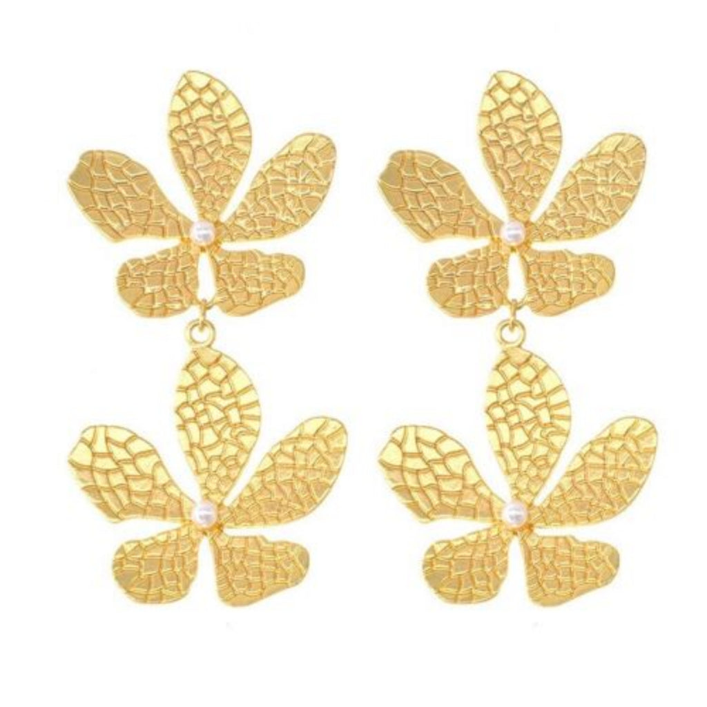 Gold Double Flower Drop Earrings with Pearls - Elegant Floral Dangles