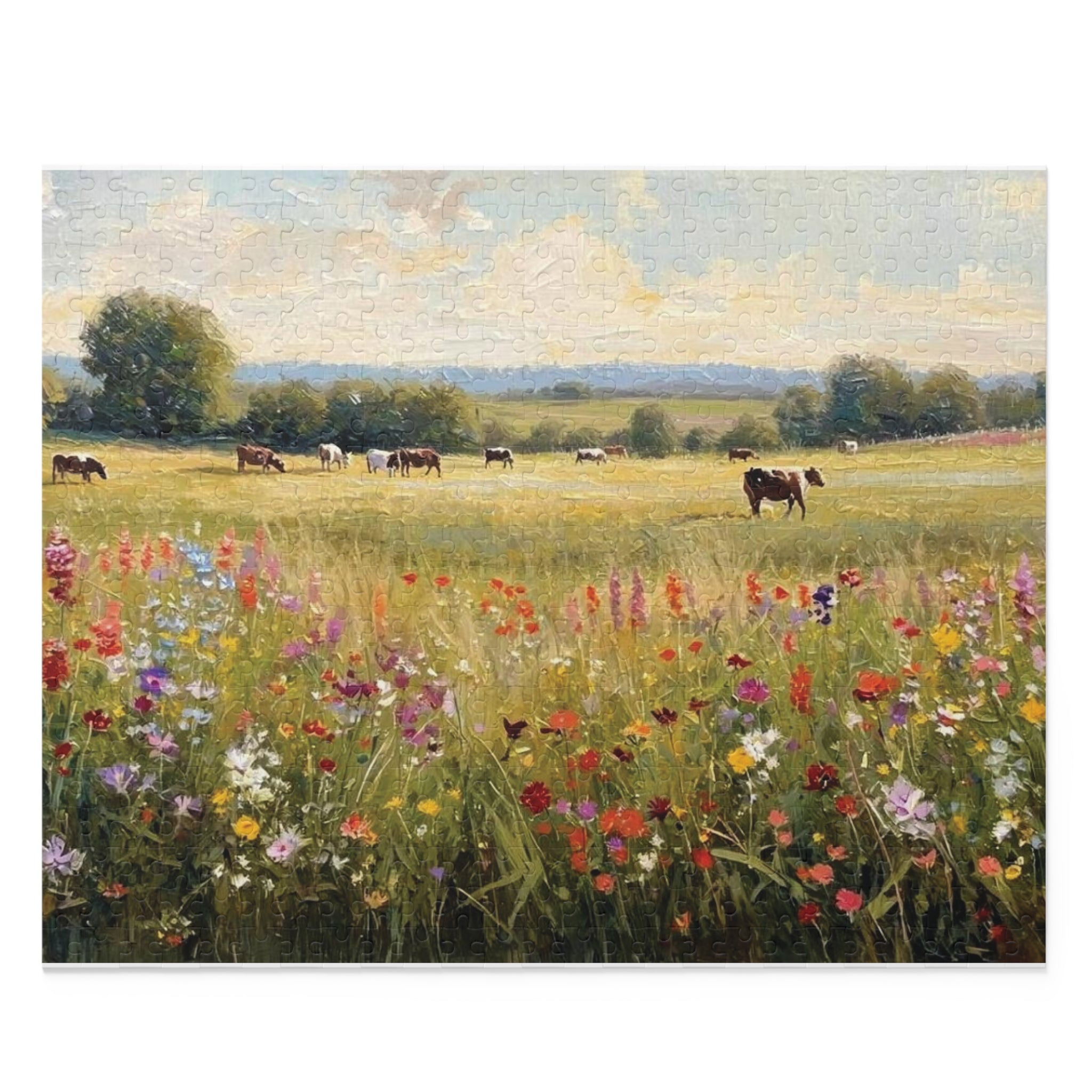 Pasture Puzzle - Cows & Wildflowers Oil Painting | 120, 252, or 500 Pieces