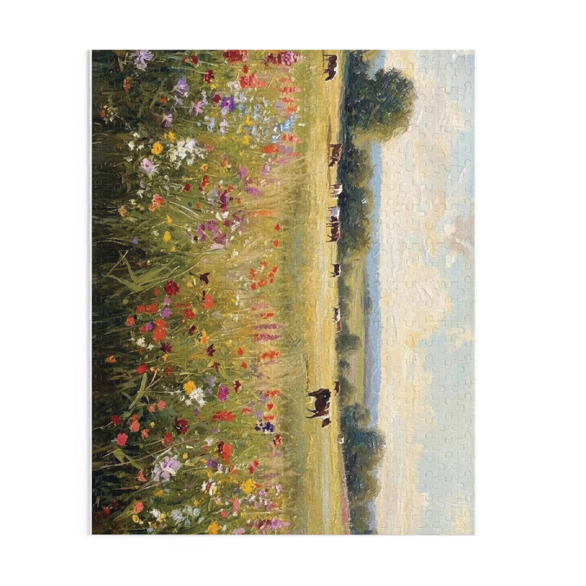 Pasture Puzzle - Cows & Wildflowers Oil Painting | 120, 252, or 500 Pieces