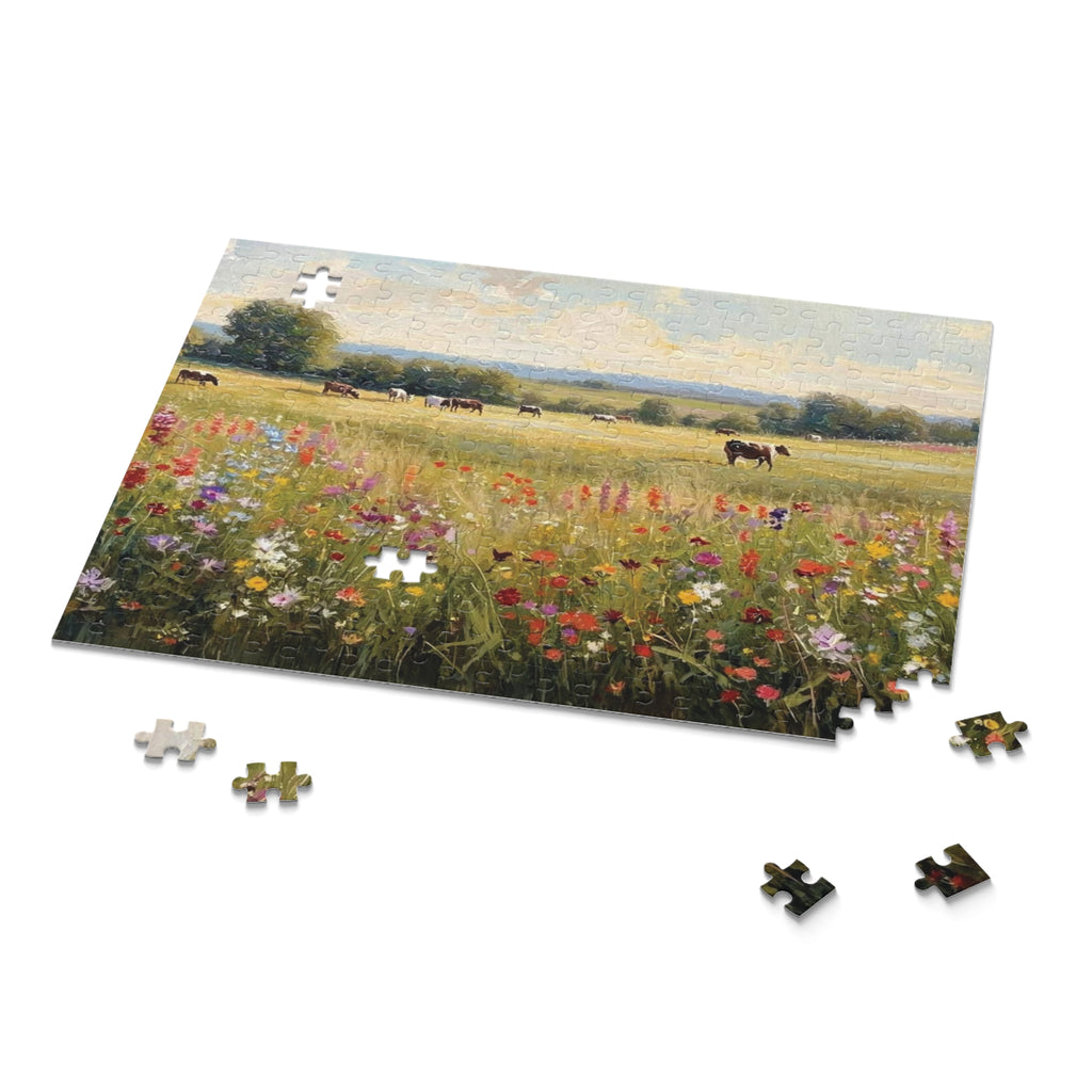 Pasture Puzzle - Cows & Wildflowers Oil Painting | 120, 252, or 500 Pieces