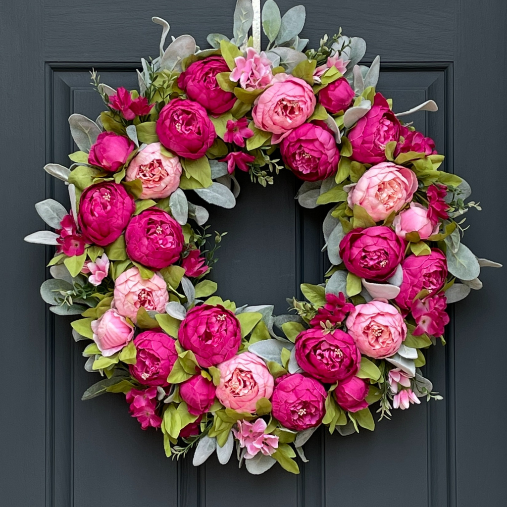 "Spring + Summer" Pink Peony & Lambs Ear Wreath